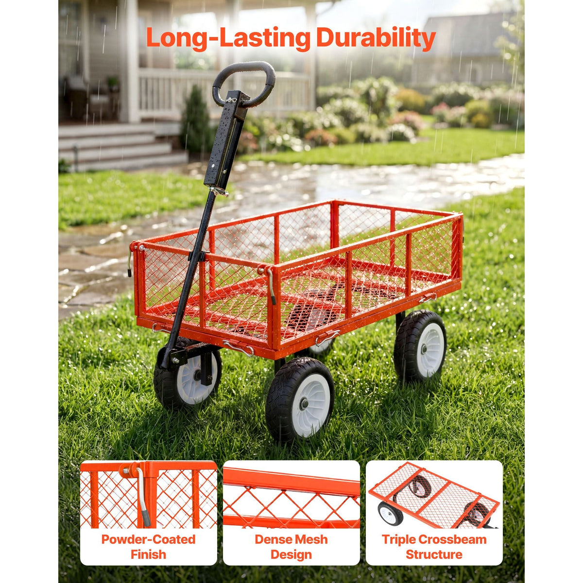 Garden Cart, 900 LBS, Heavy Duty Steel Yard and Garden Utility Wagon with 10-Inch Tires, Outdoor Gardening Stool with Adjustable Handle, Detachable Side Panels, Attach to ATV or Tractor, Red