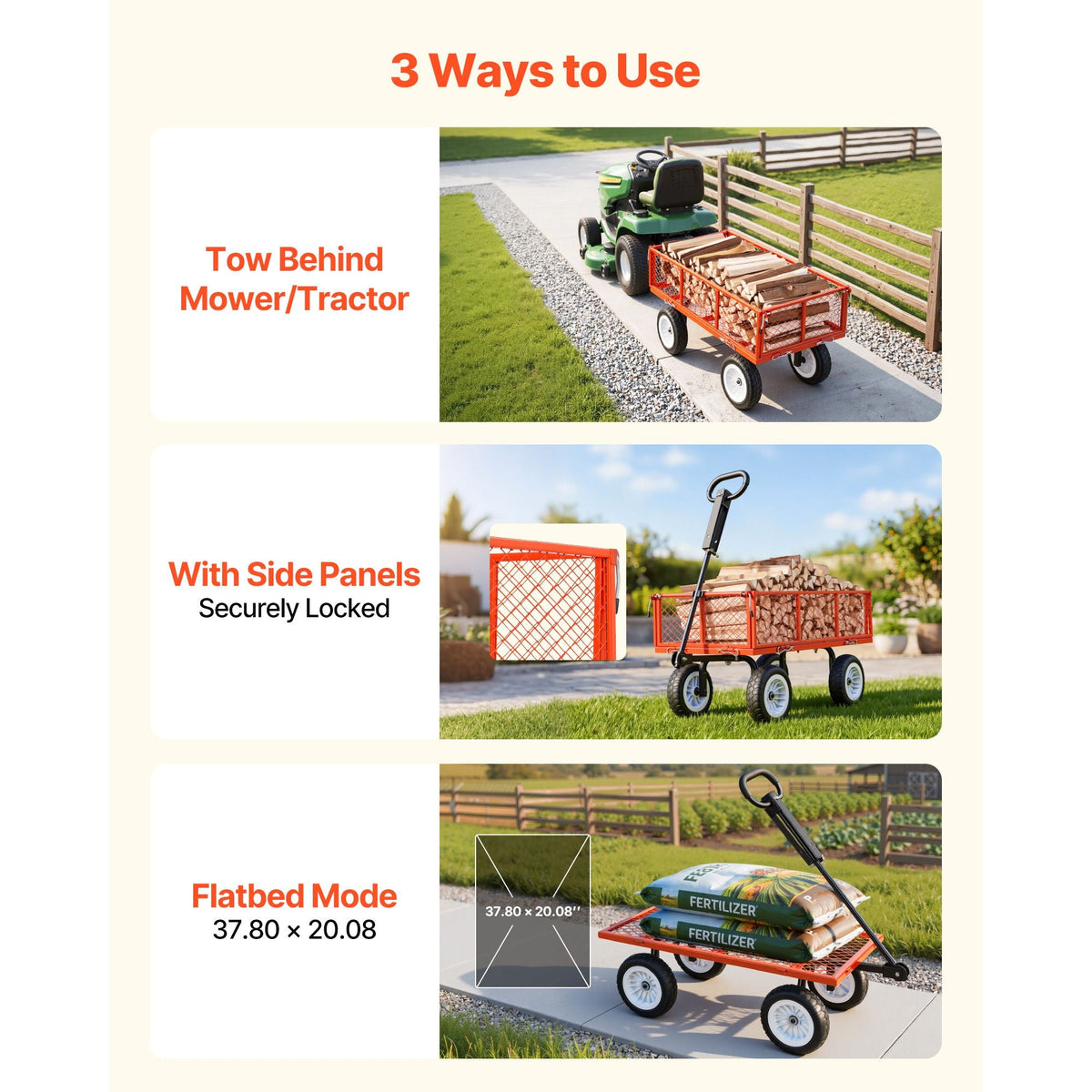 Garden Cart, 900 LBS, Heavy Duty Steel Yard and Garden Utility Wagon with 10-Inch Tires, Outdoor Gardening Stool with Adjustable Handle, Detachable Side Panels, Attach to ATV or Tractor, Red