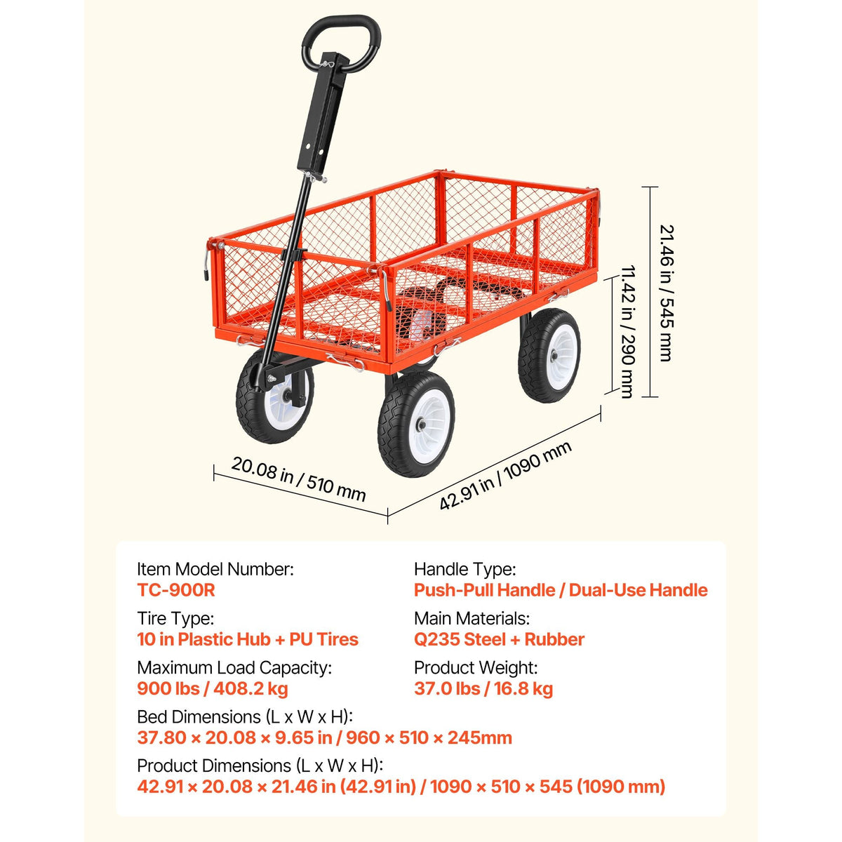 Garden Cart, 900 LBS, Heavy Duty Steel Yard and Garden Utility Wagon with 10-Inch Tires, Outdoor Gardening Stool with Adjustable Handle, Detachable Side Panels, Attach to ATV or Tractor, Red