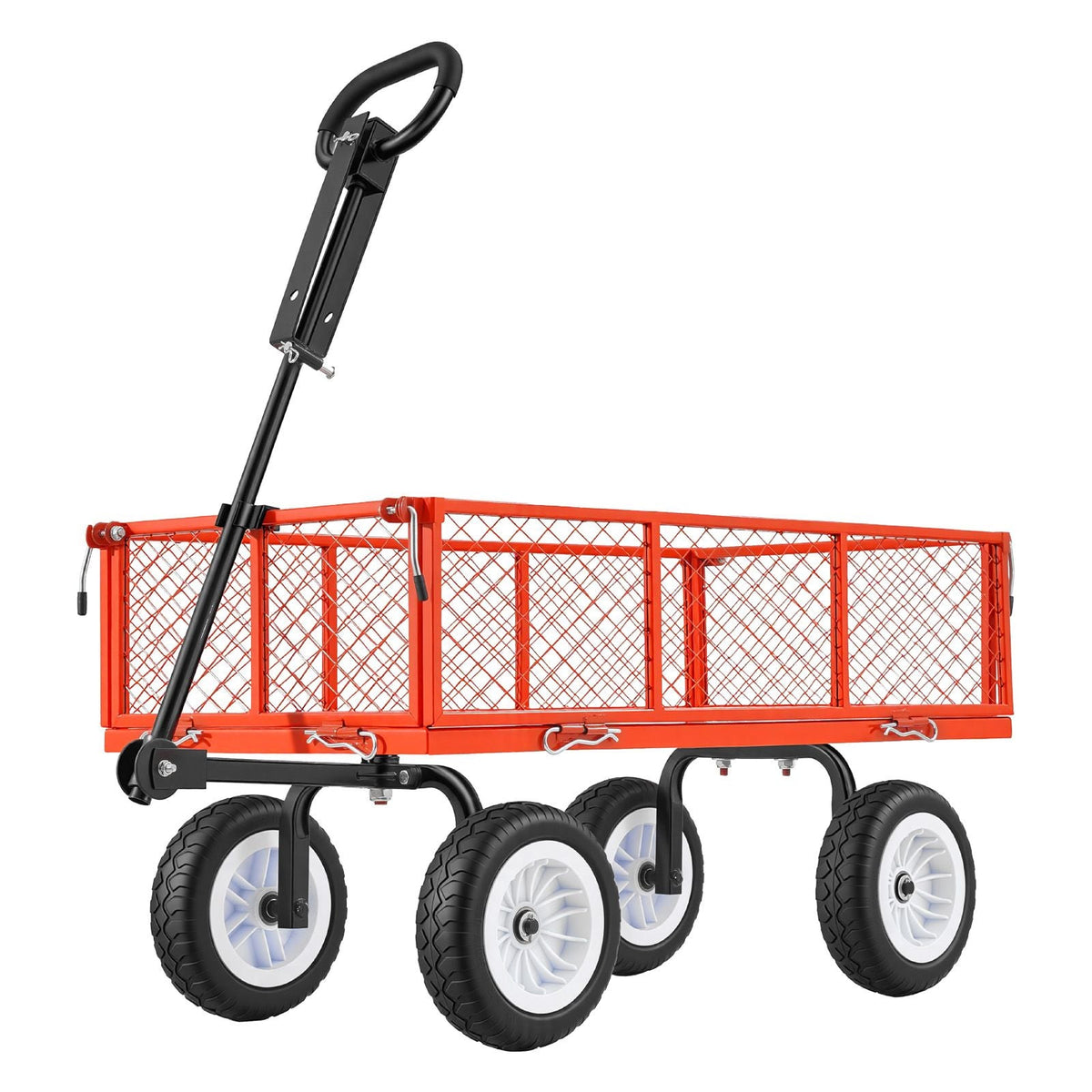 Garden Cart, 900 LBS, Heavy Duty Steel Yard and Garden Utility Wagon with 10-Inch Tires, Outdoor Gardening Stool with Adjustable Handle, Detachable Side Panels, Attach to ATV or Tractor, Red