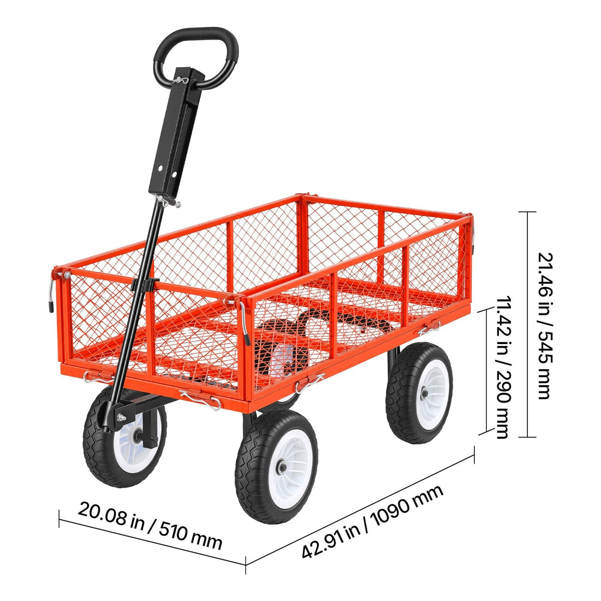 Garden Cart, 900 LBS, Heavy Duty Steel Yard and Garden Utility Wagon with 10-Inch Tires, Outdoor Gardening Stool with Adjustable Handle, Detachable Side Panels, Attach to ATV or Tractor, Red