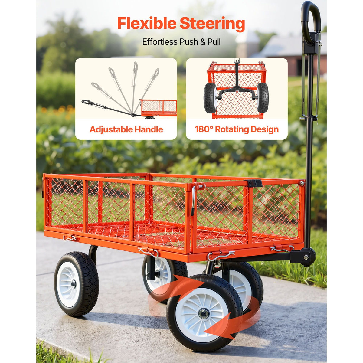 Garden Cart, 900 LBS, Heavy Duty Steel Yard and Garden Utility Wagon with 10-Inch Tires, Outdoor Gardening Stool with Adjustable Handle, Detachable Side Panels, Attach to ATV or Tractor, Red