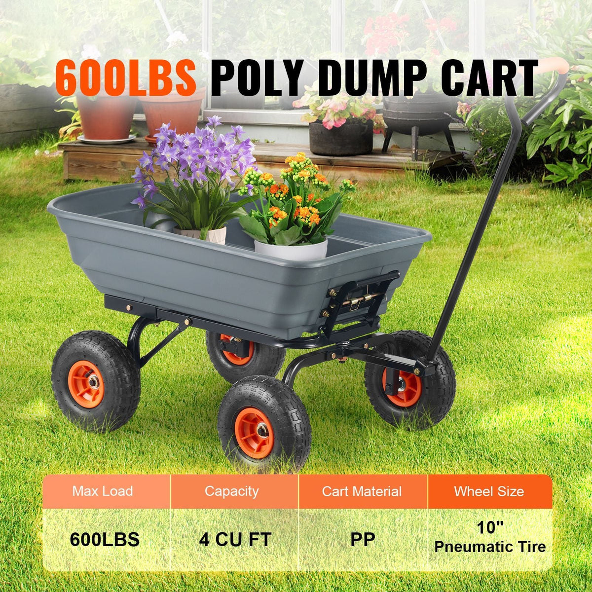Garden Cart, Durable Poly Dump Cart with Simple Assembly Steel Framework, Versatile Dump Cart with Dual-Function Handle, Handy Wheelbarrow with 600 lbs Load Capacity, 10 inch Wheels