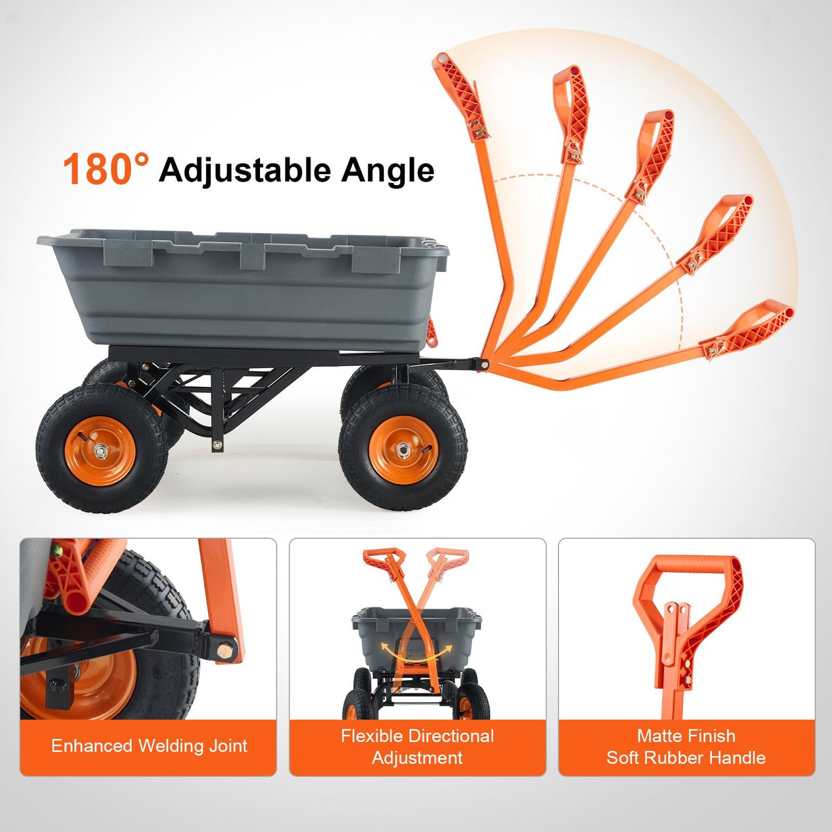 Garden Cart, Durable Poly Dump Cart with Simple Assembly Steel Structure, Versatile Dump Wagon with Dual-Function Handle, Handy Wheelbarrow with 1500 lbs Load Capacity, 13 inch Wheels