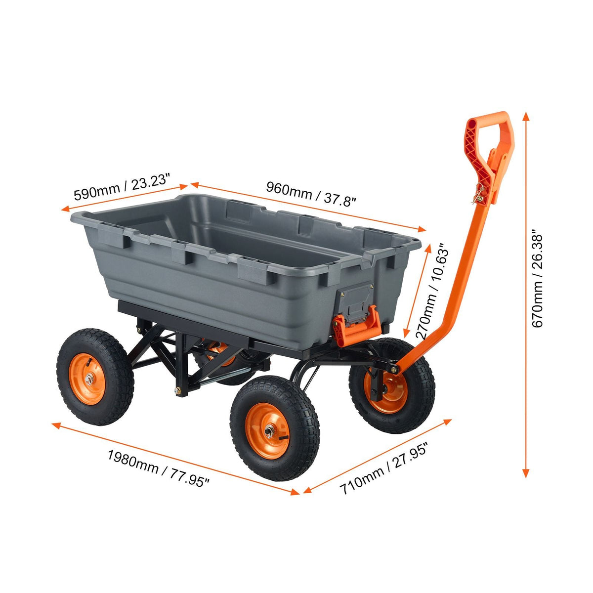 Garden Cart, Durable Poly Dump Cart with Simple Assembly Steel Structure, Versatile Dump Wagon with Dual-Function Handle, Handy Wheelbarrow with 1500 lbs Load Capacity, 13 inch Wheels