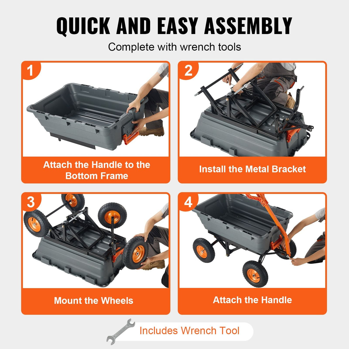 Garden Cart, Durable Poly Dump Cart with Simple Assembly Steel Structure, Versatile Dump Wagon with Dual-Function Handle, Handy Wheelbarrow with 1500 lbs Load Capacity, 13 inch Wheels