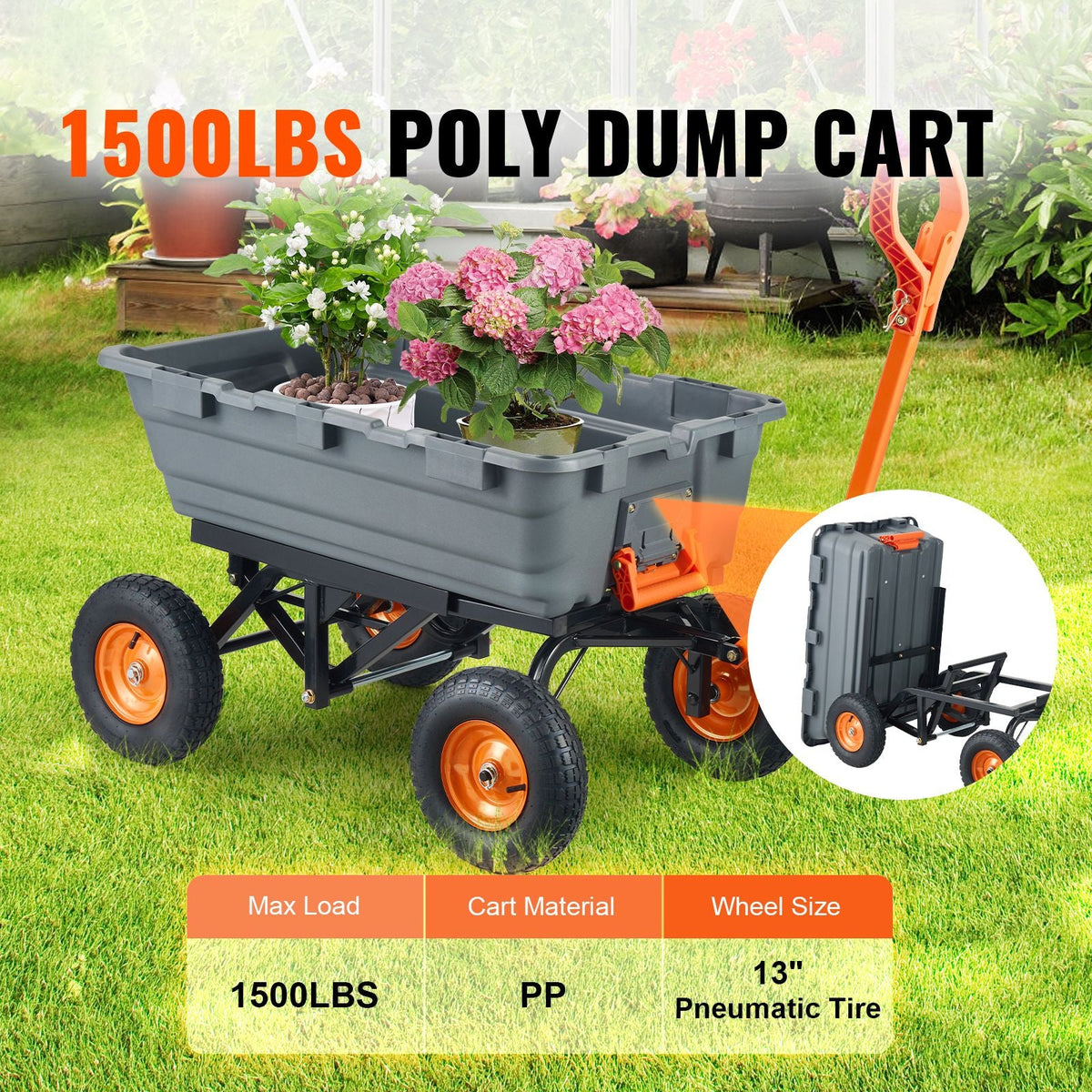 Garden Cart, Durable Poly Dump Cart with Simple Assembly Steel Structure, Versatile Dump Wagon with Dual-Function Handle, Handy Wheelbarrow with 1500 lbs Load Capacity, 13 inch Wheels