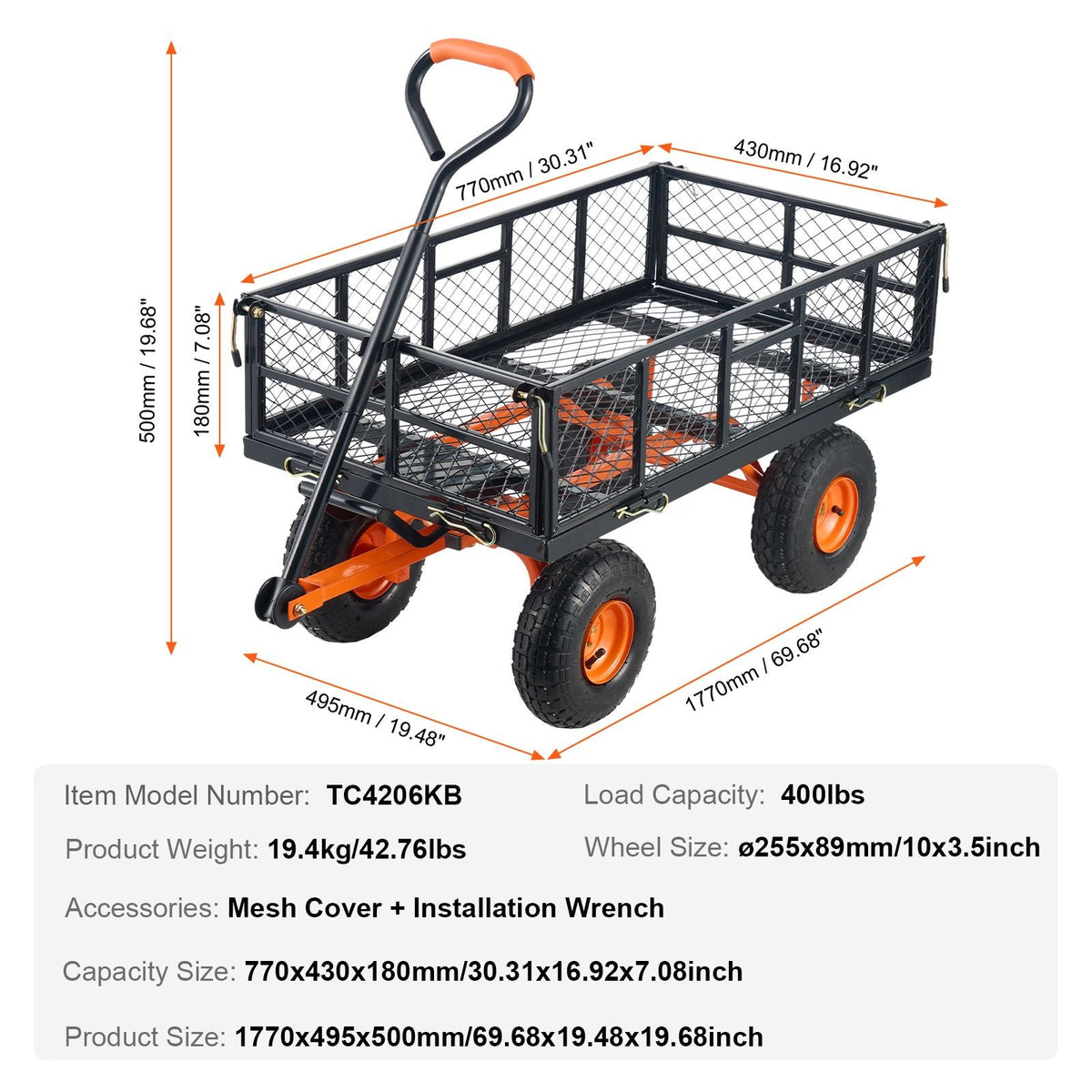 Garden Cart, Sturdy Metal Utility Wagon with Simple Assembly, Versatile Dump Cart with Dual-Function Handle, Wheelbarrow with 400 lbs Load Capacity, Equipped with 10" Wheels