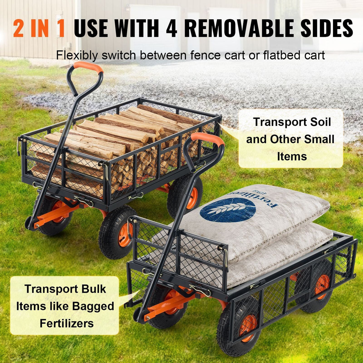 Garden Cart, Sturdy Metal Utility Wagon with Simple Assembly, Versatile Dump Cart with Dual-Function Handle, Wheelbarrow with 400 lbs Load Capacity, Equipped with 10" Wheels