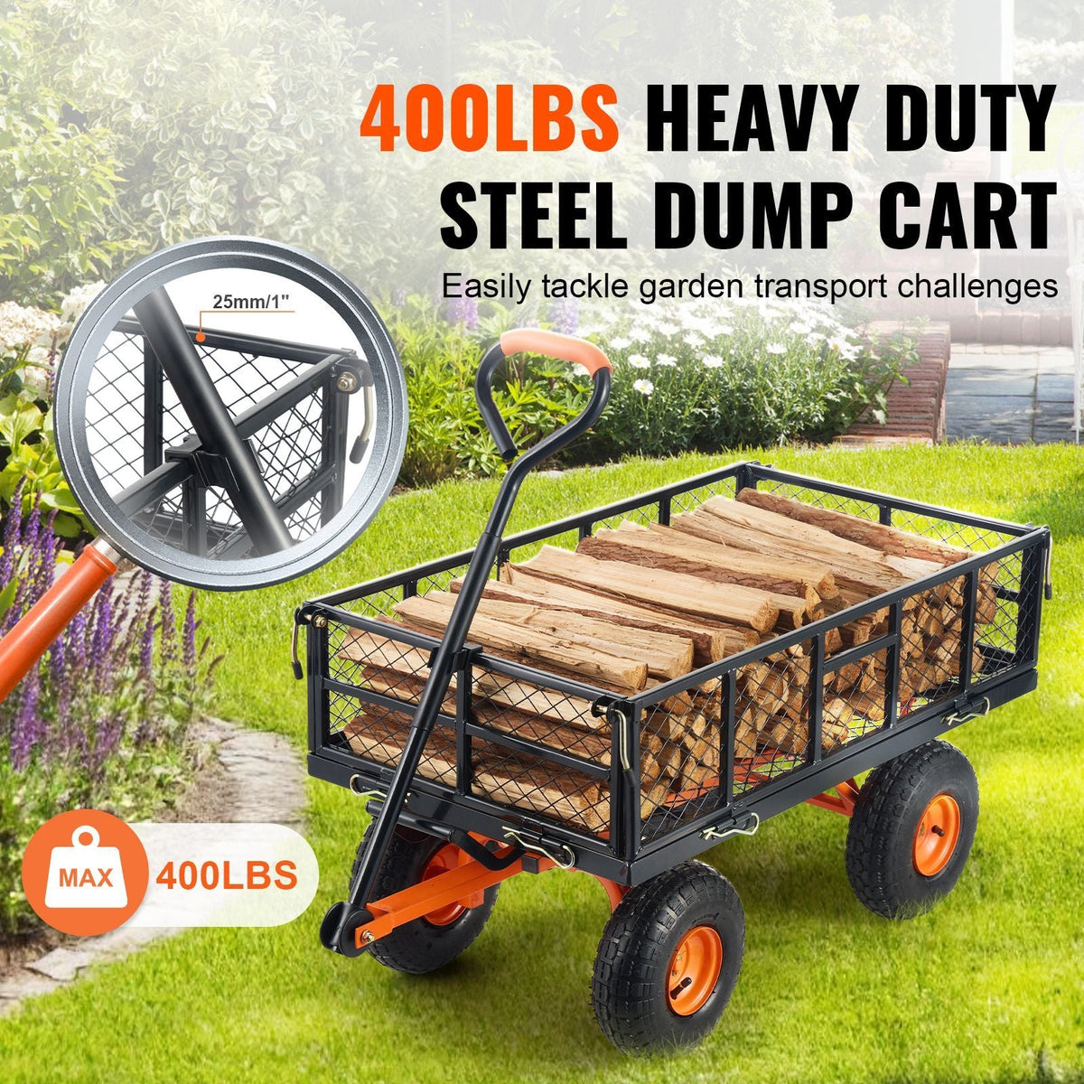 Garden Cart, Sturdy Metal Utility Wagon with Simple Assembly, Versatile Dump Cart with Dual-Function Handle, Wheelbarrow with 400 lbs Load Capacity, Equipped with 10" Wheels