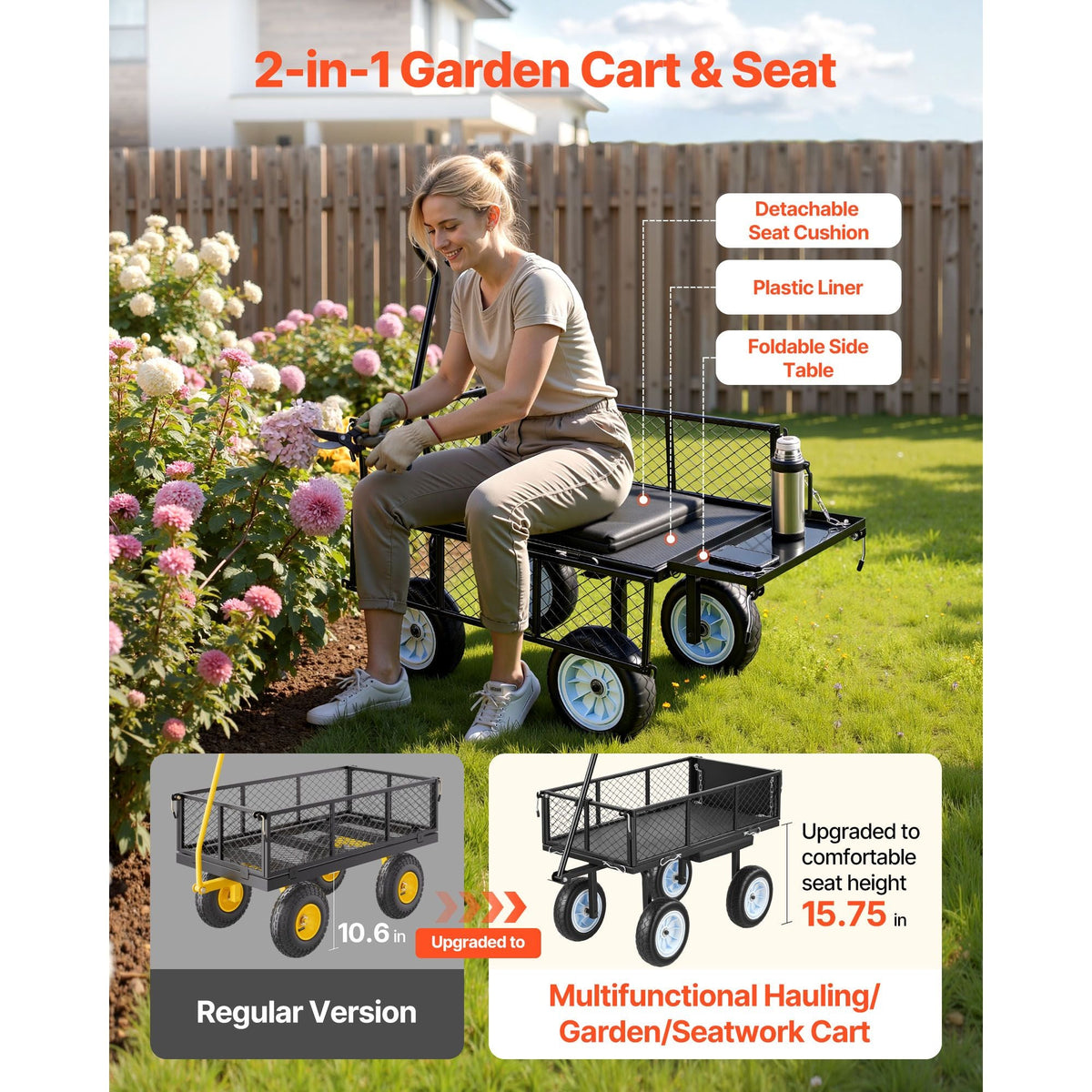 Garden Cart with Seat, 500 LBS, Rolling Steel Garden Work Seat with Wheels, Heavy Duty Gardening Stool, with Tool Tray & Adjustable Handle, Outdoor Yard Wagon, for Lawn, Patio, Backyard, Black