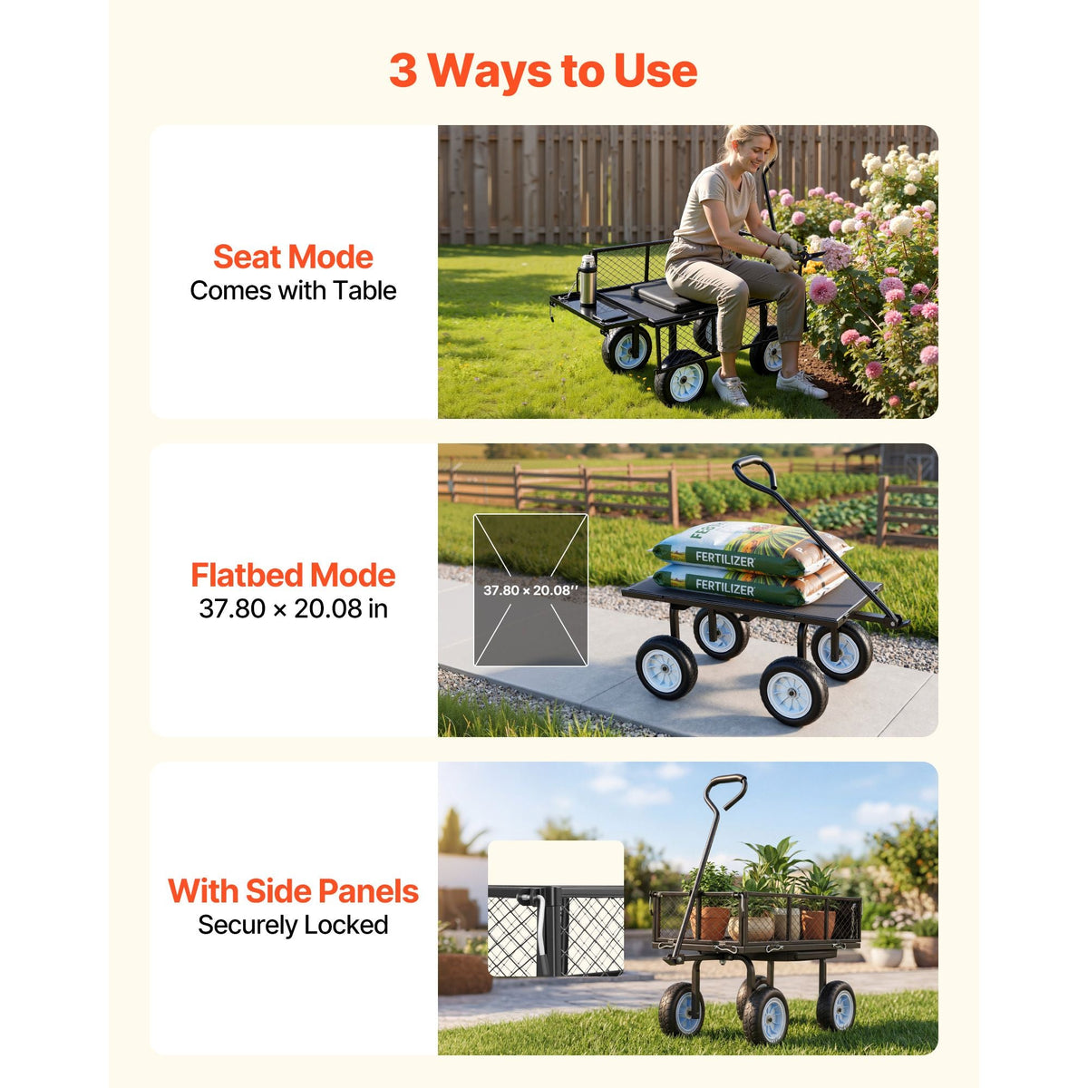 Garden Cart with Seat, 500 LBS, Rolling Steel Garden Work Seat with Wheels, Heavy Duty Gardening Stool, with Tool Tray & Adjustable Handle, Outdoor Yard Wagon, for Lawn, Patio, Backyard, Black