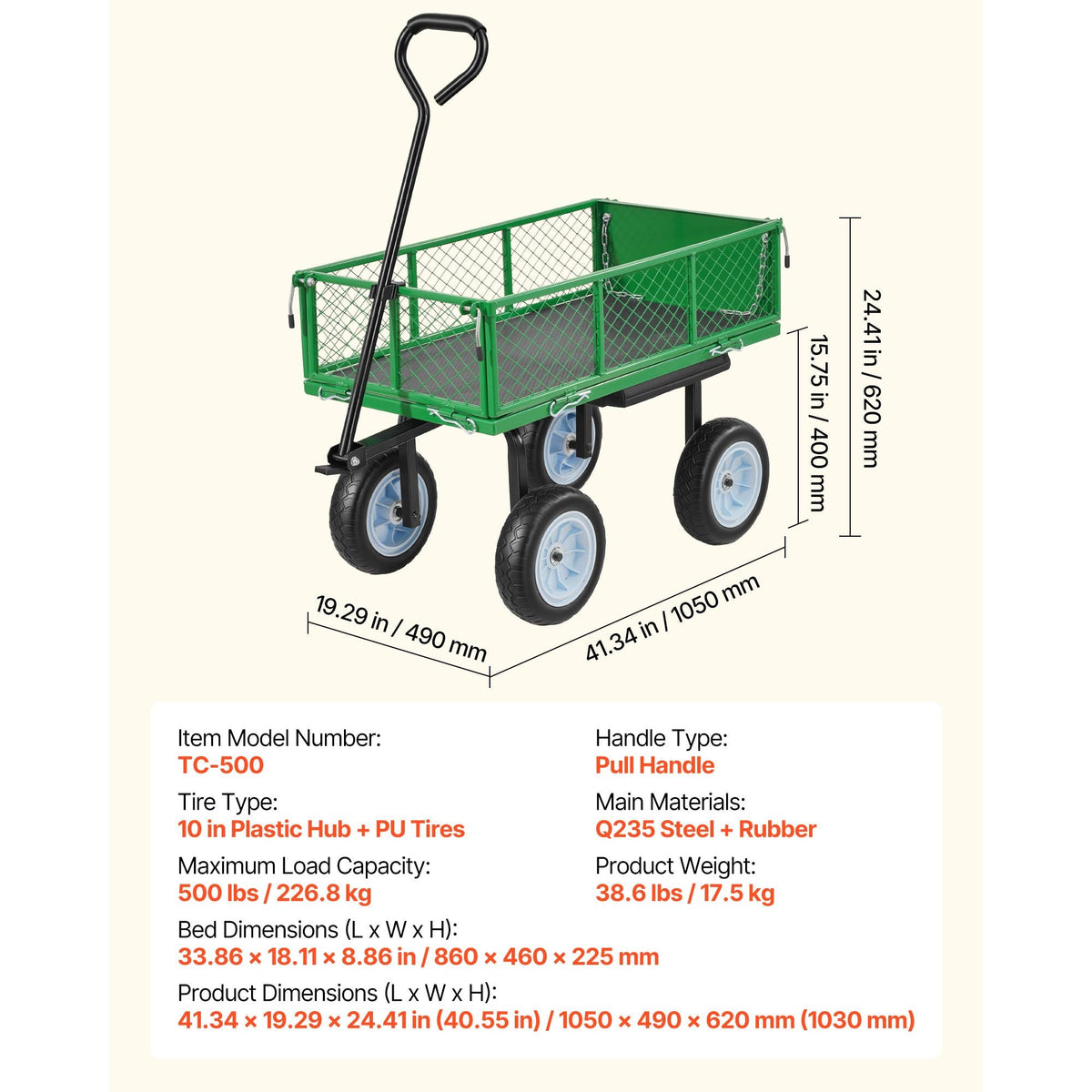 Garden Cart with Seat, 500 LBS, Rolling Steel Garden Work Seat with Wheels, Heavy Duty Gardening Stool, with Tool Tray & Adjustable Handle, Outdoor Yard Wagon, for Lawn, Patio, Backyard, Green