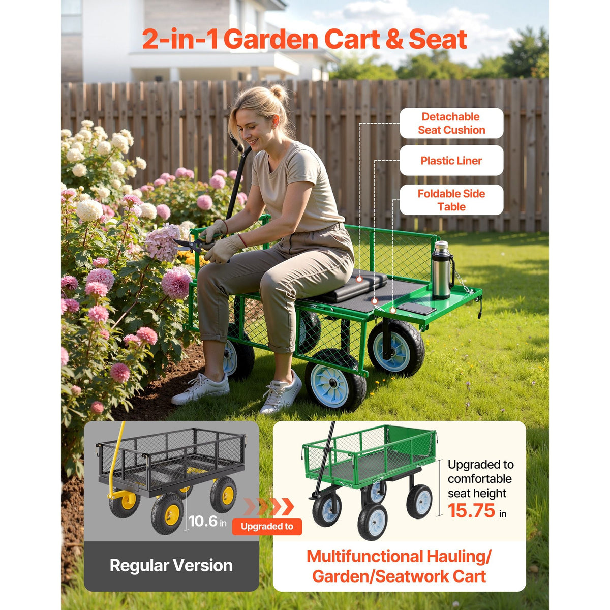 Garden Cart with Seat, 500 LBS, Rolling Steel Garden Work Seat with Wheels, Heavy Duty Gardening Stool, with Tool Tray & Adjustable Handle, Outdoor Yard Wagon, for Lawn, Patio, Backyard, Green