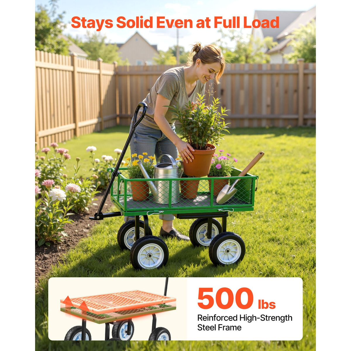 Garden Cart with Seat, 500 LBS, Rolling Steel Garden Work Seat with Wheels, Heavy Duty Gardening Stool, with Tool Tray & Adjustable Handle, Outdoor Yard Wagon, for Lawn, Patio, Backyard, Green