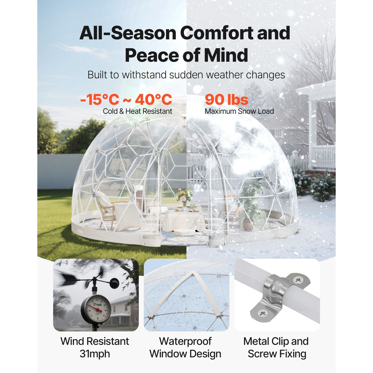 Garden Dome Igloo, 15 x 9.5 ft Outdoor Clear Bubble Tent for 10-14 Person, Weatherproof Geodesic Dome Greenhouse with Window, PVC Igloo Tent for Backyard Patios Camping Party Wedding