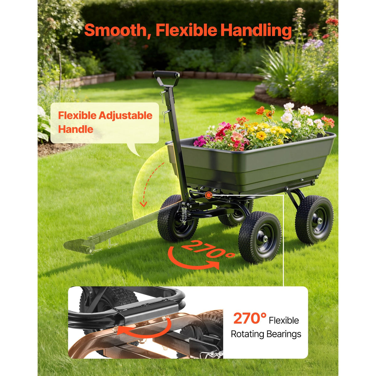 Garden Dump Cart, 1200 lbs Poly Dump Cart, 6 Cu. Ft. Garden Carts Dumps Wagon with 2-in-1 Convertible Handle, 90° Quick-Dumps Mechanism, 180° Swivel Wheels, Yard Wagon for Plants, Soil, Crops
