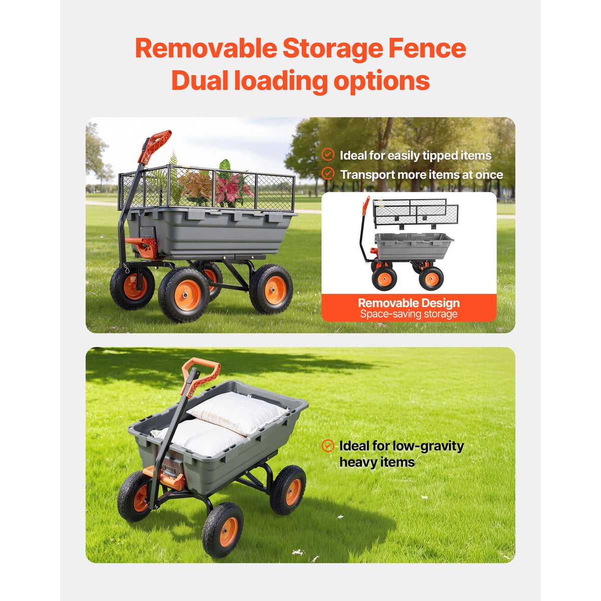Garden Dump Cart, 1200 lbs Poly Dump Cart, Garden Carts Dumps Wagon with Storage Fence, 2-in-1 Convertible Handle, 90° Quick-Dumps Mechanism, 180° Swivel Wheels, Yard Wagon for Plants, Soil