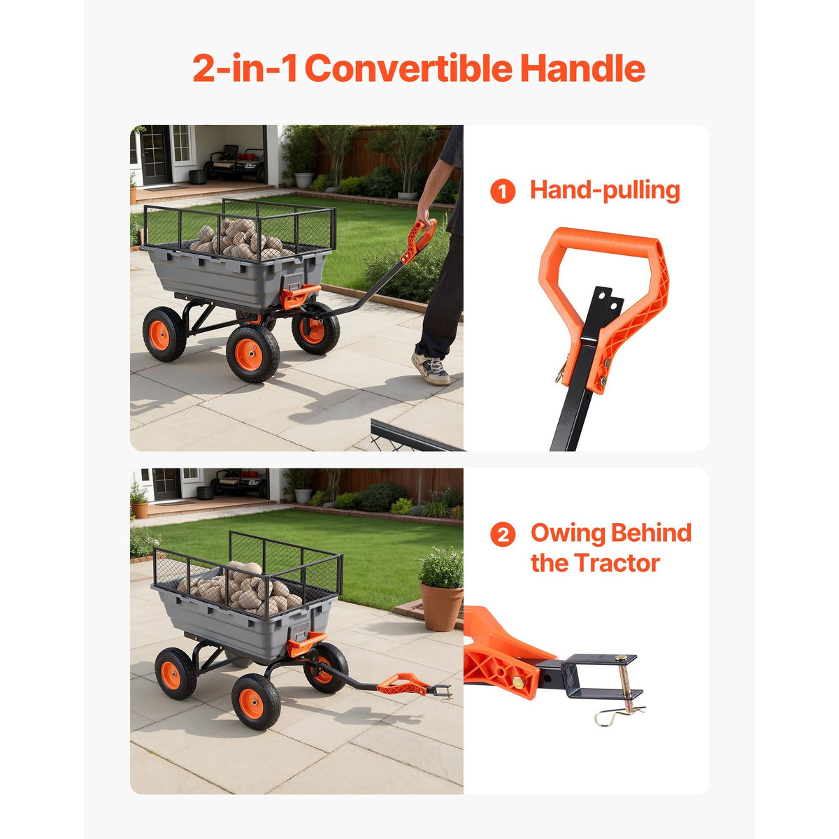 Garden Dump Cart, 1200 lbs Poly Dump Cart, Garden Carts Dumps Wagon with Storage Fence, 2-in-1 Convertible Handle, 90° Quick-Dumps Mechanism, 180° Swivel Wheels, Yard Wagon for Plants, Soil