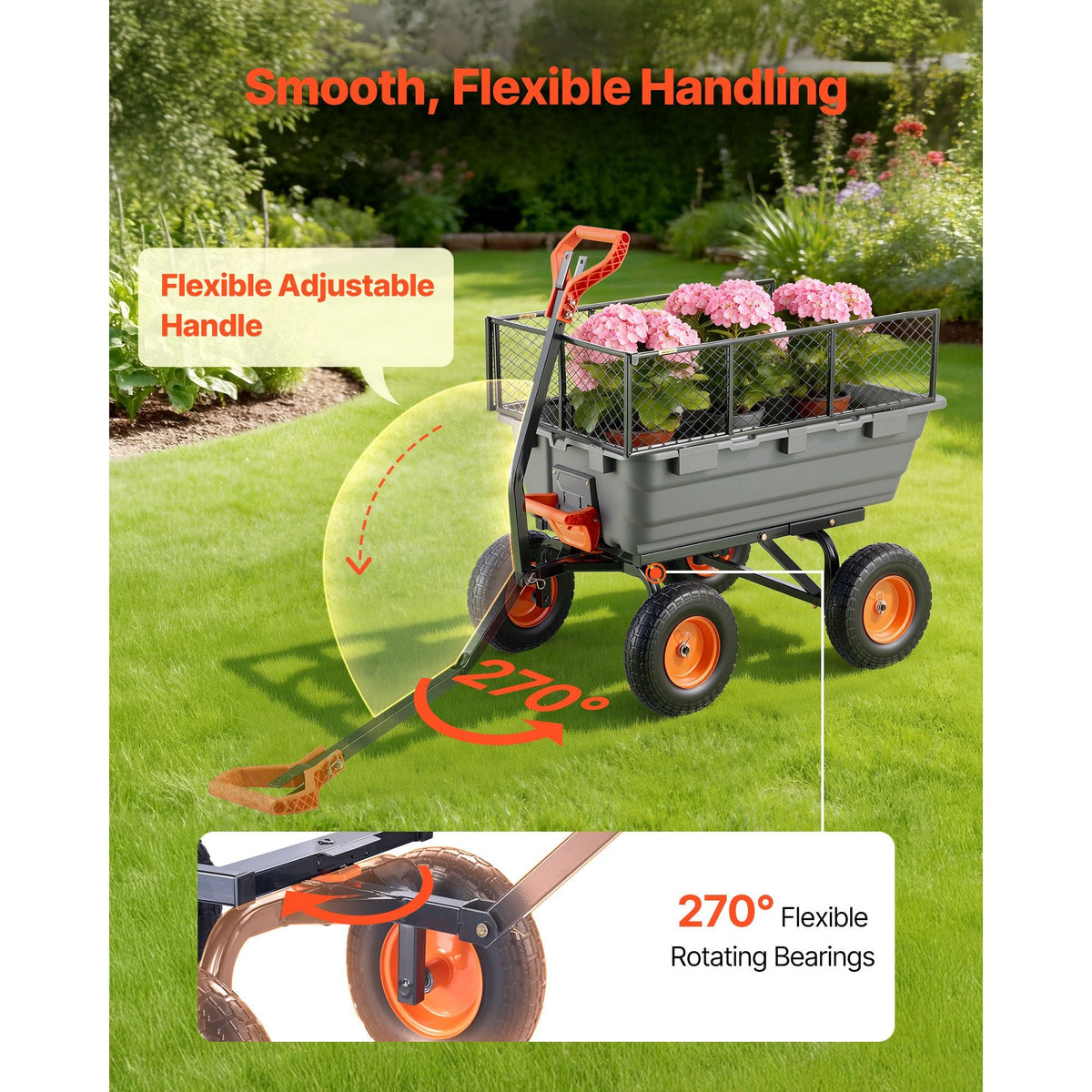 Garden Dump Cart, 1200 lbs Poly Dump Cart, Garden Carts Dumps Wagon with Storage Fence, 2-in-1 Convertible Handle, 90° Quick-Dumps Mechanism, 180° Swivel Wheels, Yard Wagon for Plants, Soil
