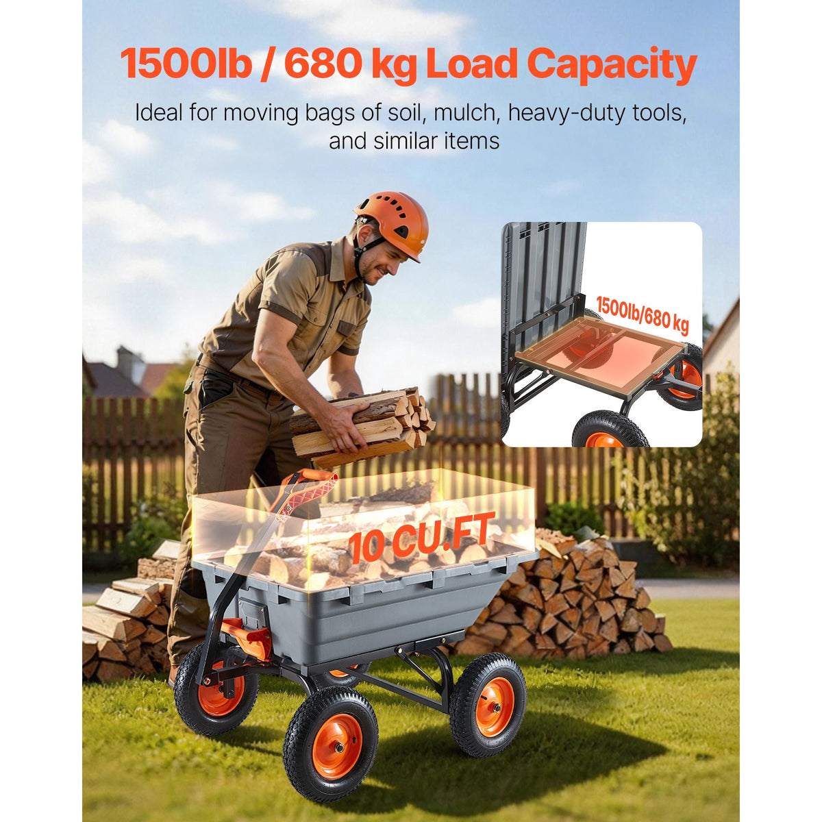 Garden Dump Cart, 1500 lbs Poly Dump Cart, Garden Carts Dumps Wagon with 90° Quick-Dumps Mechanism, Adjustable Handle, 270° Flexible Rotating Bearings, Yard Wagon for Plants, Soil, Crops
