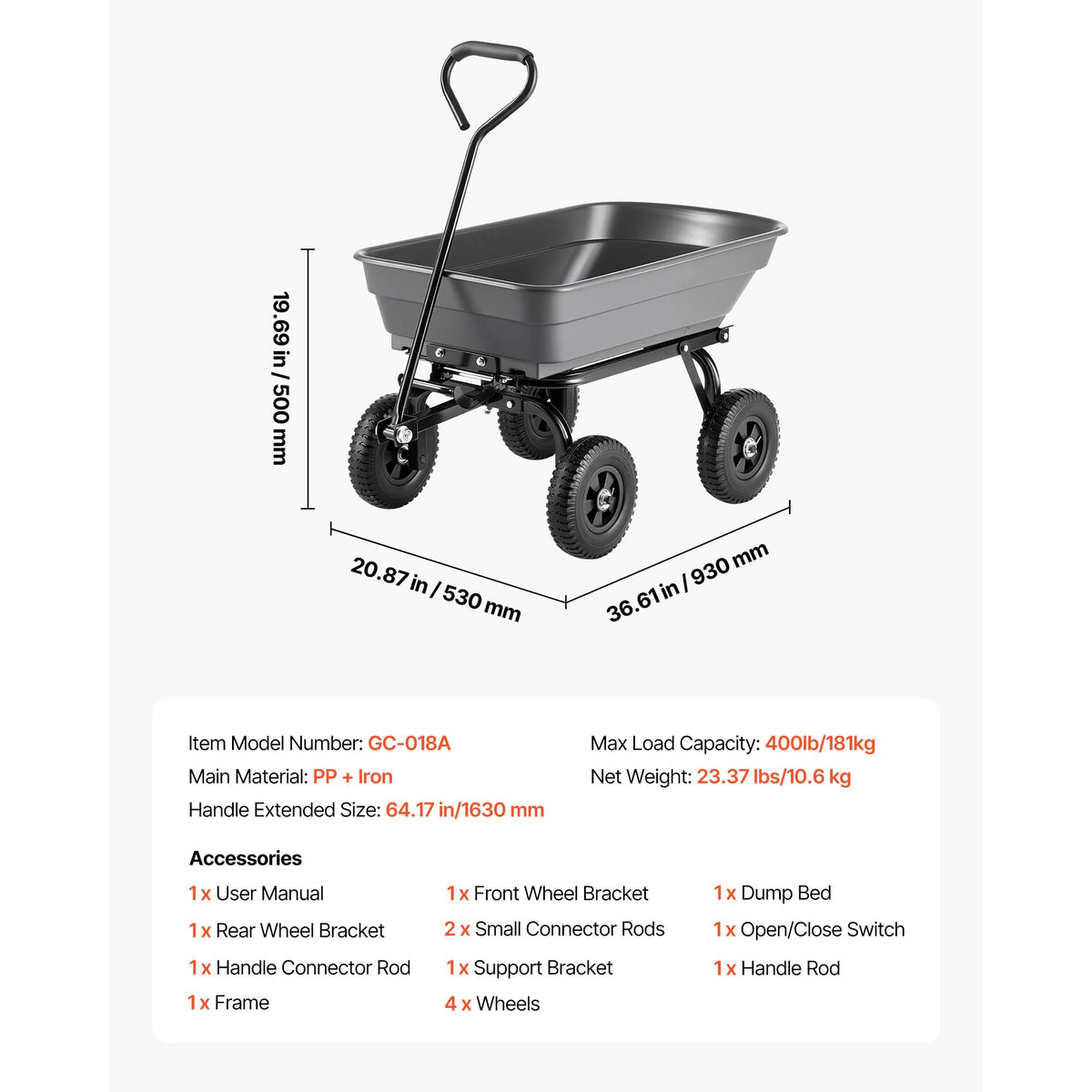 Garden Dump Cart, 400 lbs Poly Dump Cart, Garden Carts Dumps Wagon with 90° Quick-Dumps Mechanism, 180° Swivel Wheels, 270° Flexible Rotating Bearings, Yard Wagon for Plants, Soil, Crops