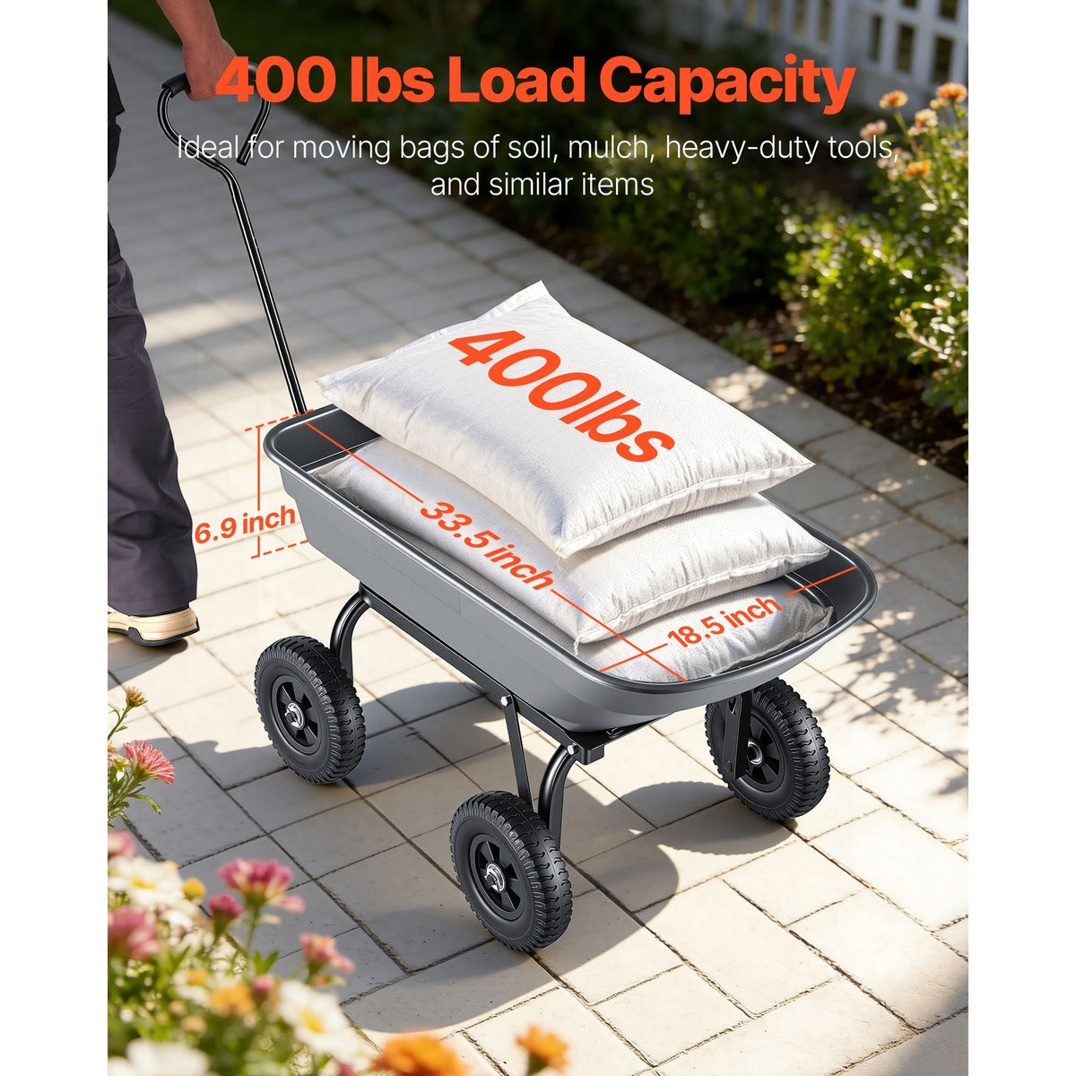 Garden Dump Cart, 400 lbs Poly Dump Cart, Garden Carts Dumps Wagon with 90° Quick-Dumps Mechanism, 180° Swivel Wheels, 270° Flexible Rotating Bearings, Yard Wagon for Plants, Soil, Crops