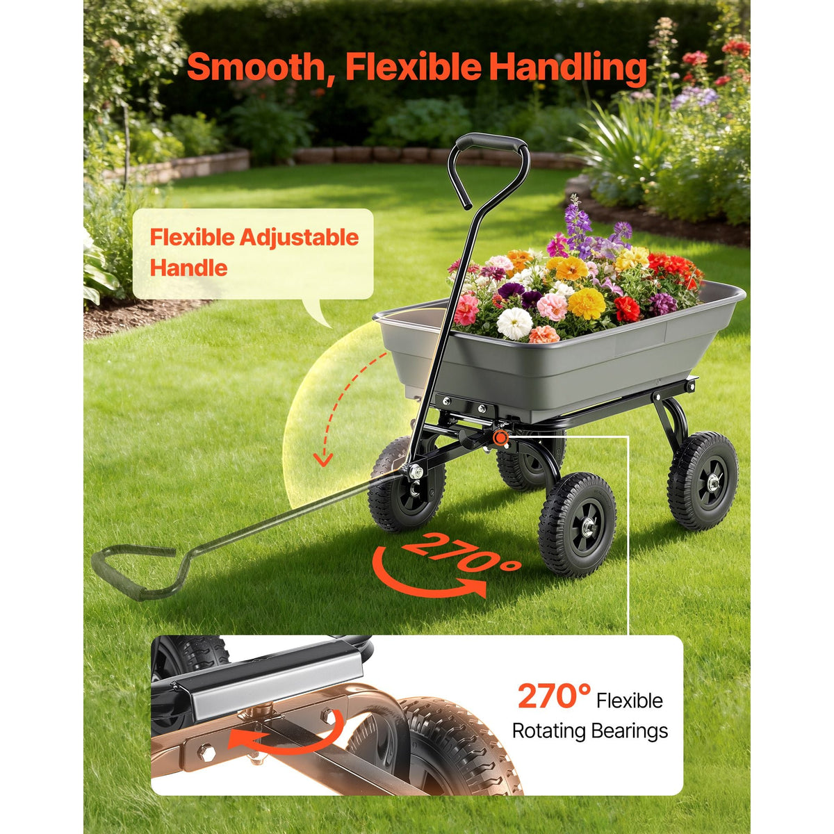 Garden Dump Cart, 400 lbs Poly Dump Cart, Garden Carts Dumps Wagon with 90° Quick-Dumps Mechanism, 180° Swivel Wheels, 270° Flexible Rotating Bearings, Yard Wagon for Plants, Soil, Crops