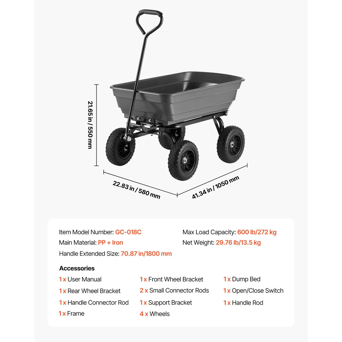 Garden Dump Cart, 600 lbs Poly Dump Cart, Garden Carts Dumps Wagon with 90° Quick-Dumps Mechanism, 180° Swivel Wheels, 270° Flexible Rotating Bearings, Yard Wagon for Plants, Soil, Crops