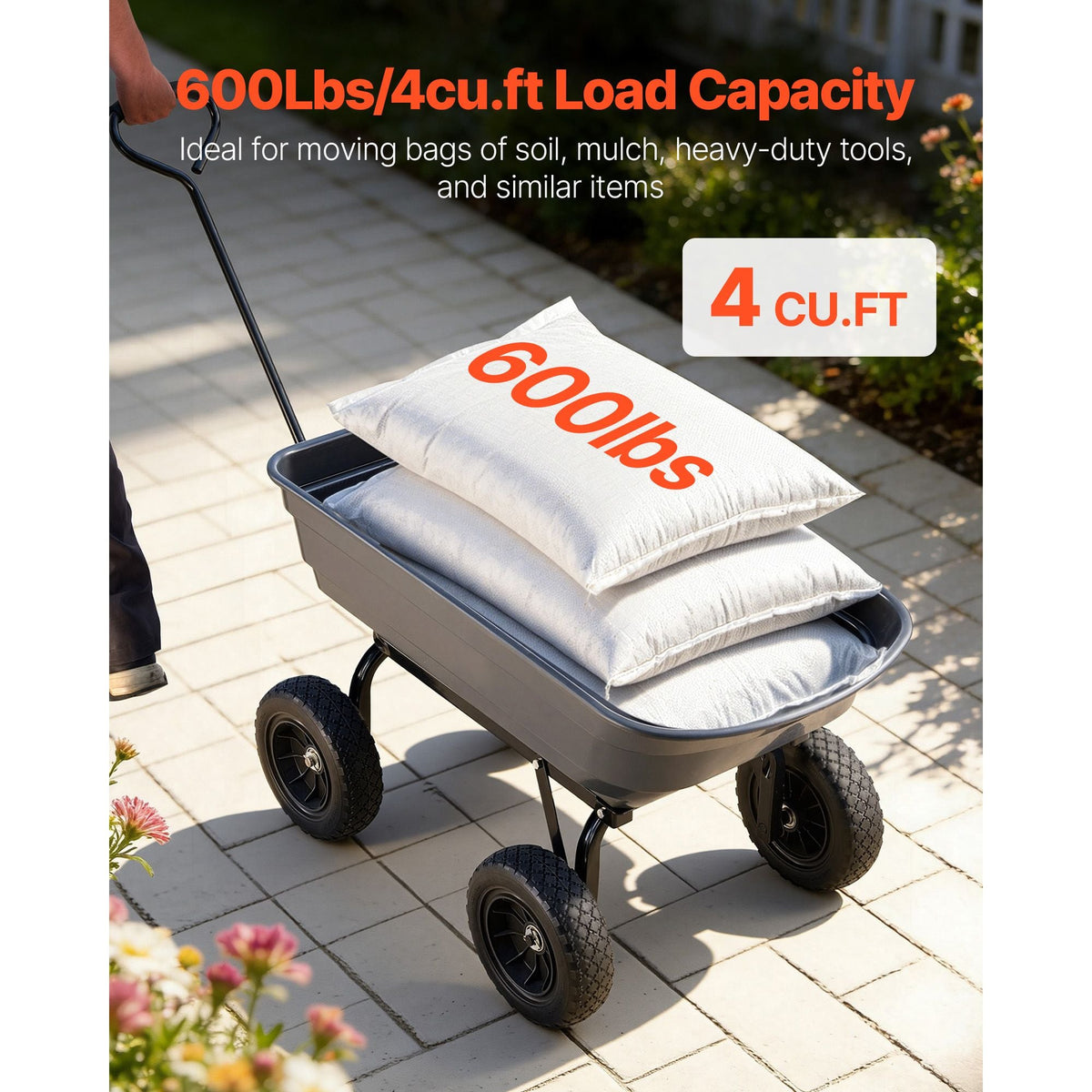 Garden Dump Cart, 600 lbs Poly Dump Cart, Garden Carts Dumps Wagon with 90° Quick-Dumps Mechanism, 180° Swivel Wheels, 270° Flexible Rotating Bearings, Yard Wagon for Plants, Soil, Crops