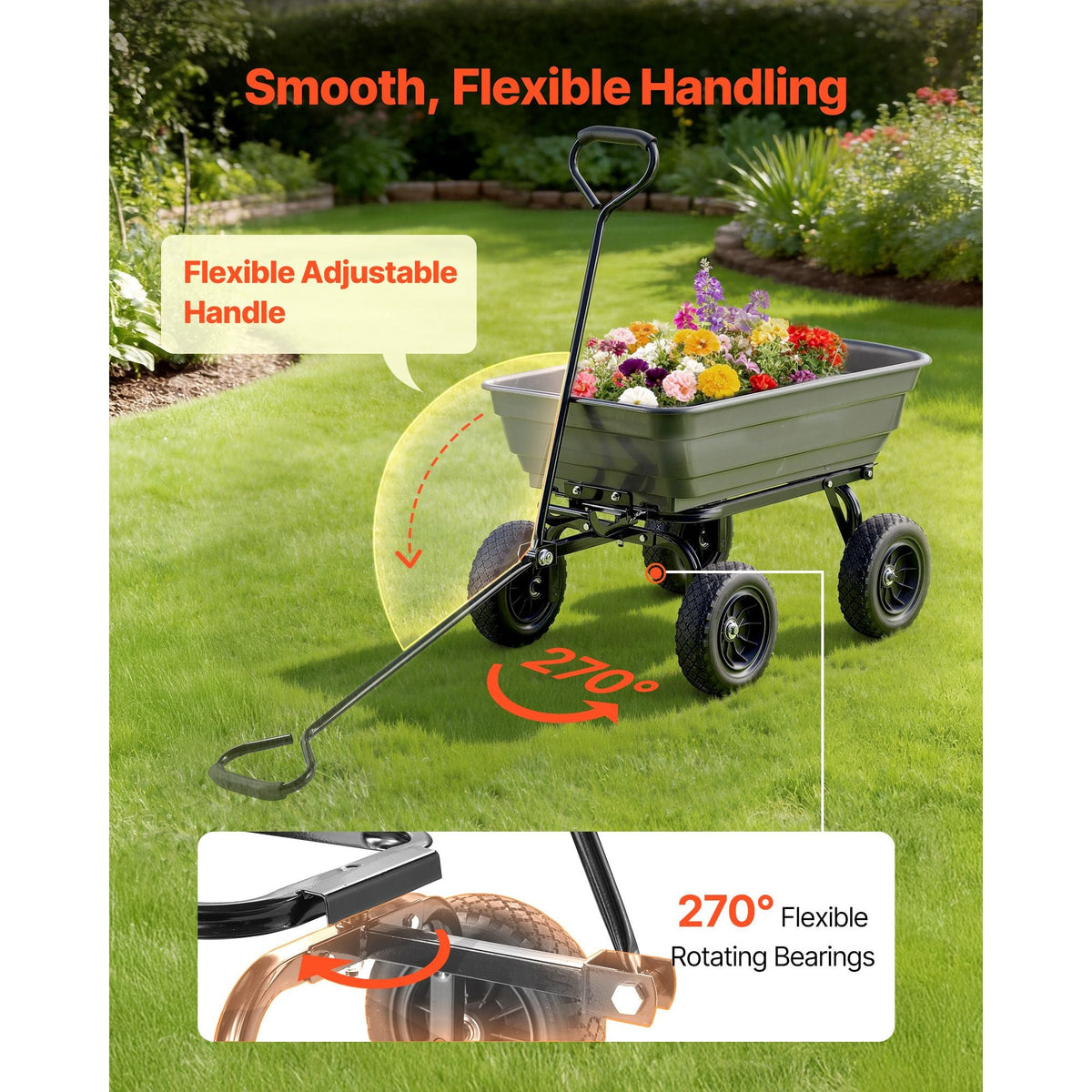 Garden Dump Cart, 600 lbs Poly Dump Cart, Garden Carts Dumps Wagon with 90° Quick-Dumps Mechanism, 180° Swivel Wheels, 270° Flexible Rotating Bearings, Yard Wagon for Plants, Soil, Crops