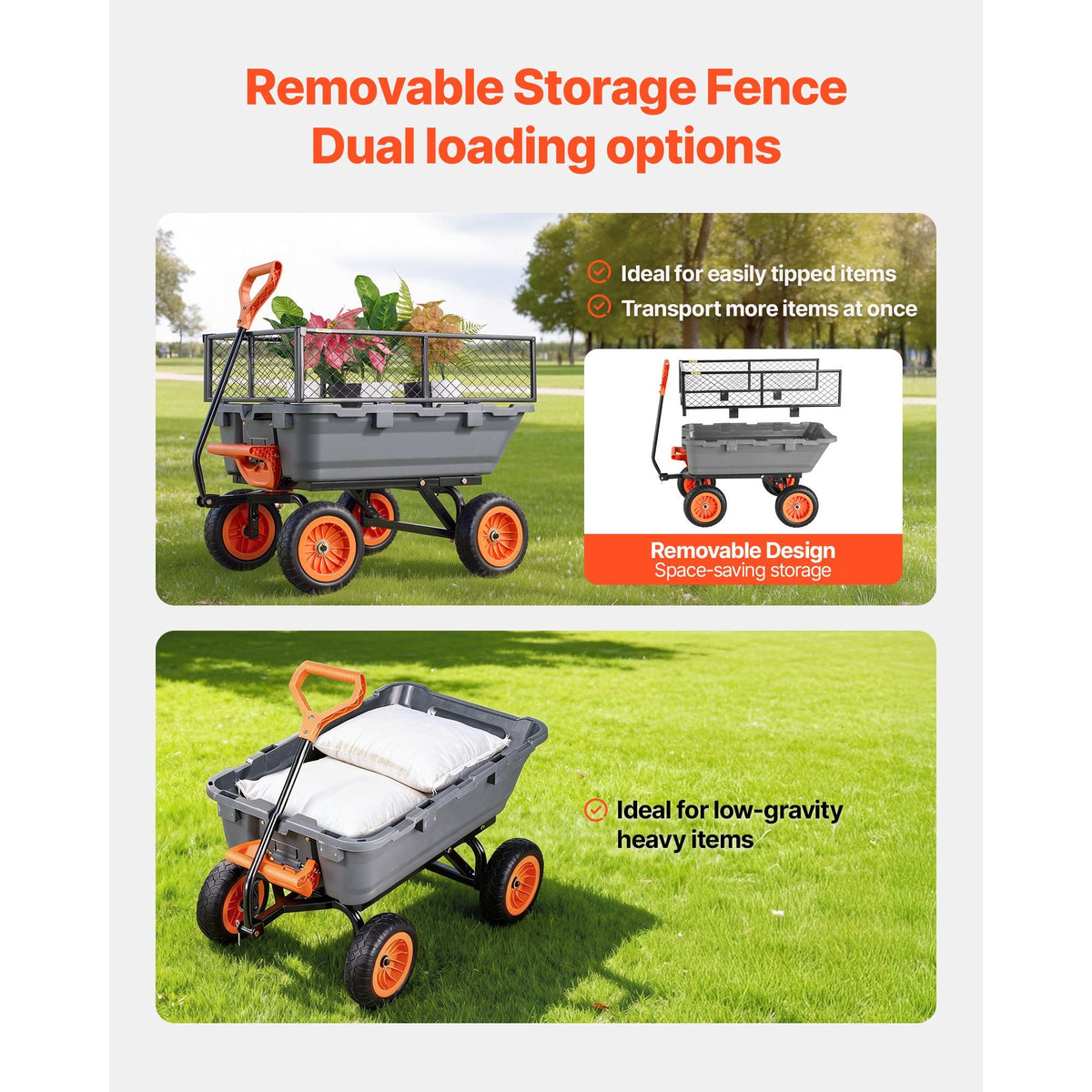 Garden Dump Cart, 800 lbs Poly Dump Cart, Garden Carts Dumps Wagon with Storage Fence, 90° Quick-Dumps Mechanism, 180° Swivel Wheels, 90° Rotating Handle, Yard Wagon for Plants, Soil, Crops