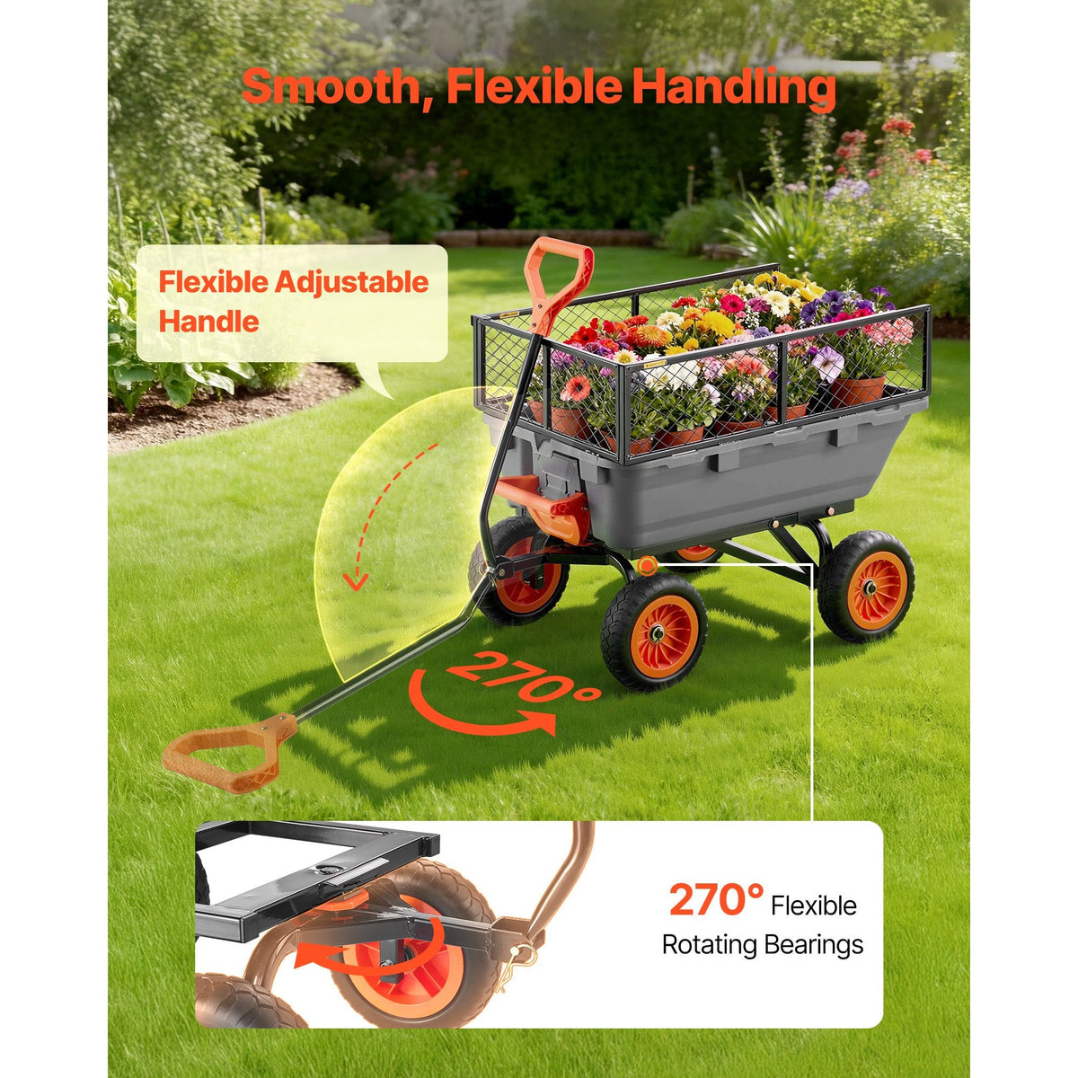 Garden Dump Cart, 800 lbs Poly Dump Cart, Garden Carts Dumps Wagon with Storage Fence, 90° Quick-Dumps Mechanism, 180° Swivel Wheels, 90° Rotating Handle, Yard Wagon for Plants, Soil, Crops
