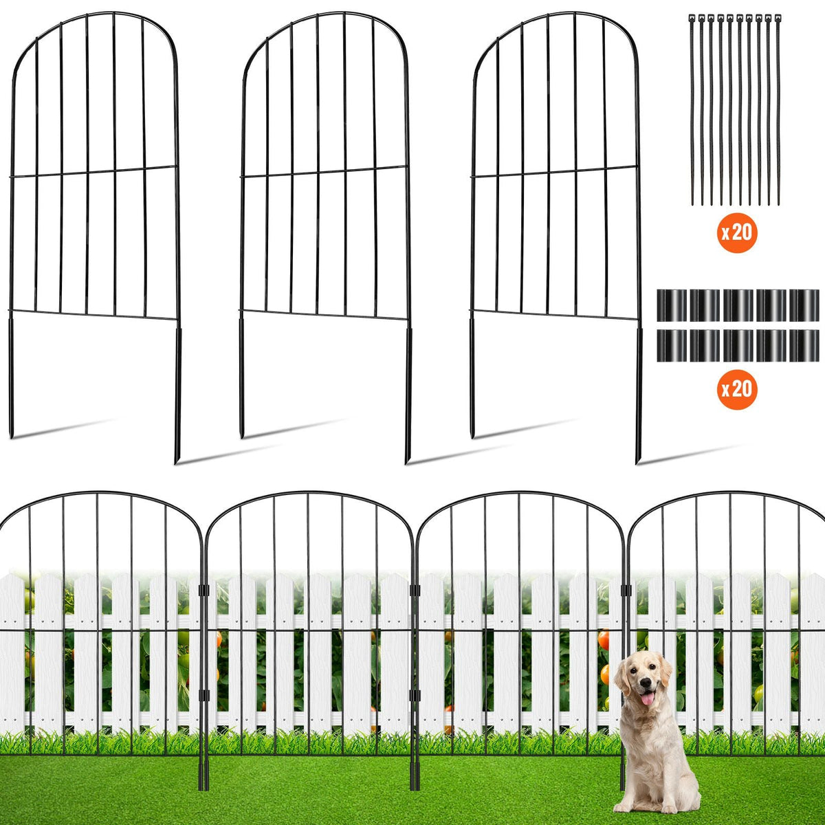 Garden Fence, 24in(H) x11ft(L) Animal Barrier Fence, Underground Decorative Garden Fencing with 2 Inch Spike Spacing, Metal Dog Fence for the Yard and Outdoor Patio, 10 Pack