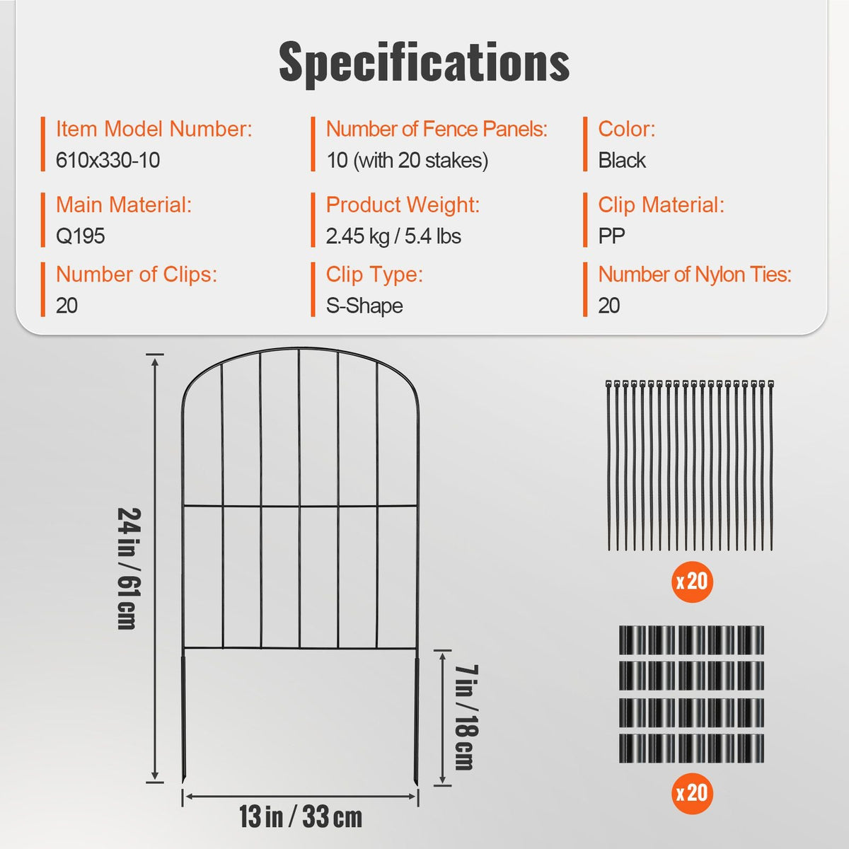 Garden Fence, 24in(H) x11ft(L) Animal Barrier Fence, Underground Decorative Garden Fencing with 2 Inch Spike Spacing, Metal Dog Fence for the Yard and Outdoor Patio, 10 Pack