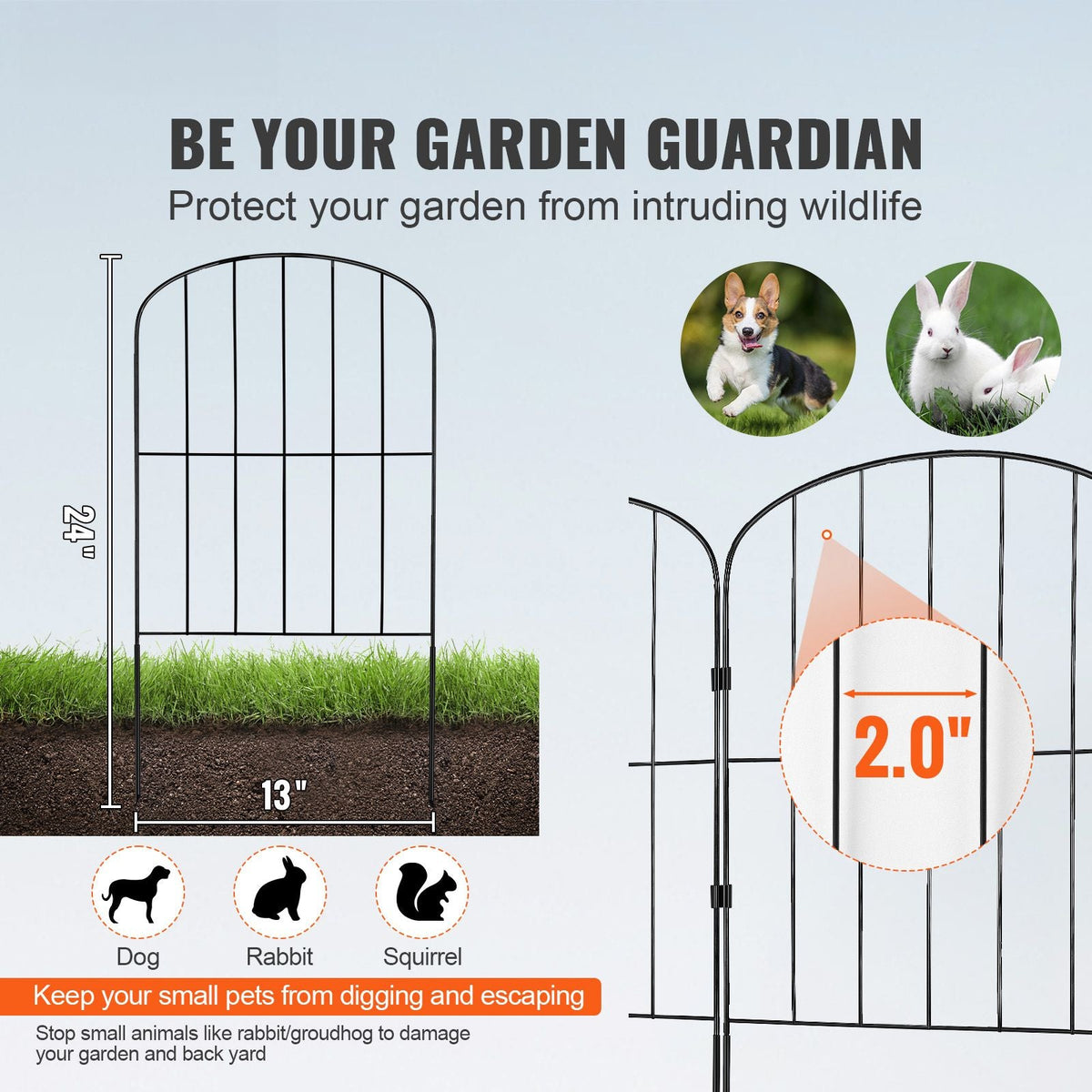 Garden Fence, 24in(H) x11ft(L) Animal Barrier Fence, Underground Decorative Garden Fencing with 2 Inch Spike Spacing, Metal Dog Fence for the Yard and Outdoor Patio, 10 Pack