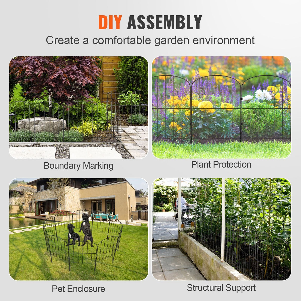 Garden Fence, 24in(H) x11ft(L) Animal Barrier Fence, Underground Decorative Garden Fencing with 2 Inch Spike Spacing, Metal Dog Fence for the Yard and Outdoor Patio, 10 Pack