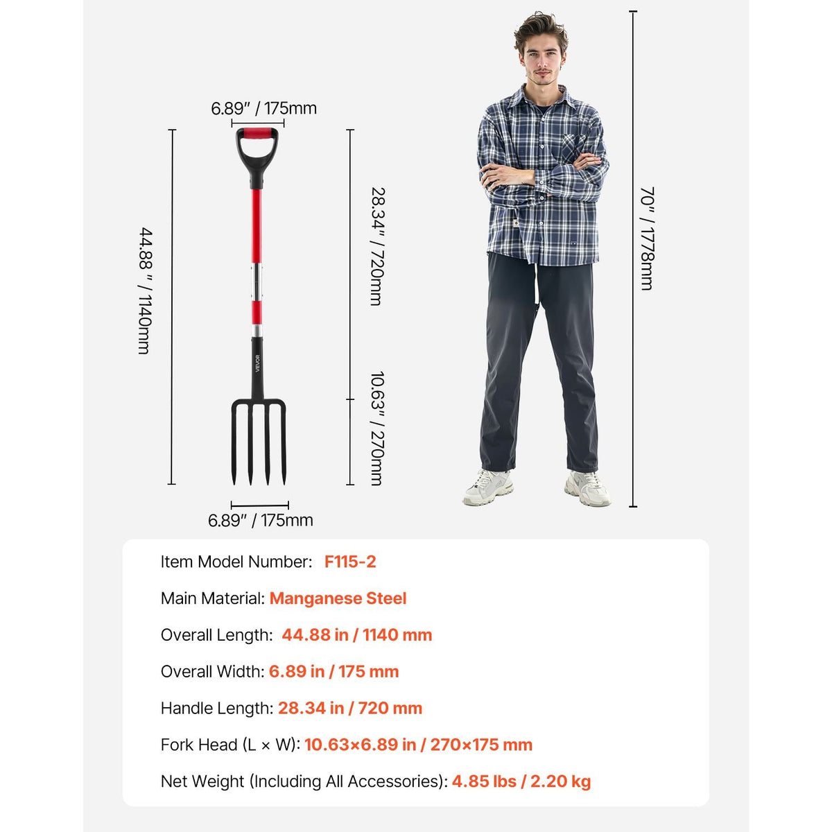 Garden Fork, 4-Tine Gardening Pitchfork with Fiberglass Handle, 45 in Heavy Duty Digging Fork with Y Grip, Forged Steel Spading Fork for Hay Potato Composting Transplanting Aeration