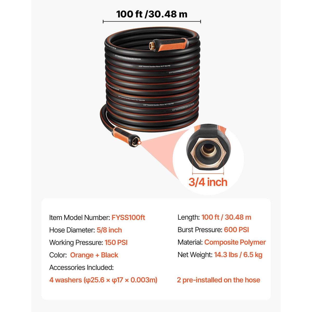 Garden Hose, 100 ft 5/8" Heavy Duty 4-Layer Rubber Water Hose, 150PSI Working & 600PSI Burst, Flexible & Non-kink Outdoor Waterhose with 3/4" Fitting, Lightweight Hoses for Gardening Cleaning