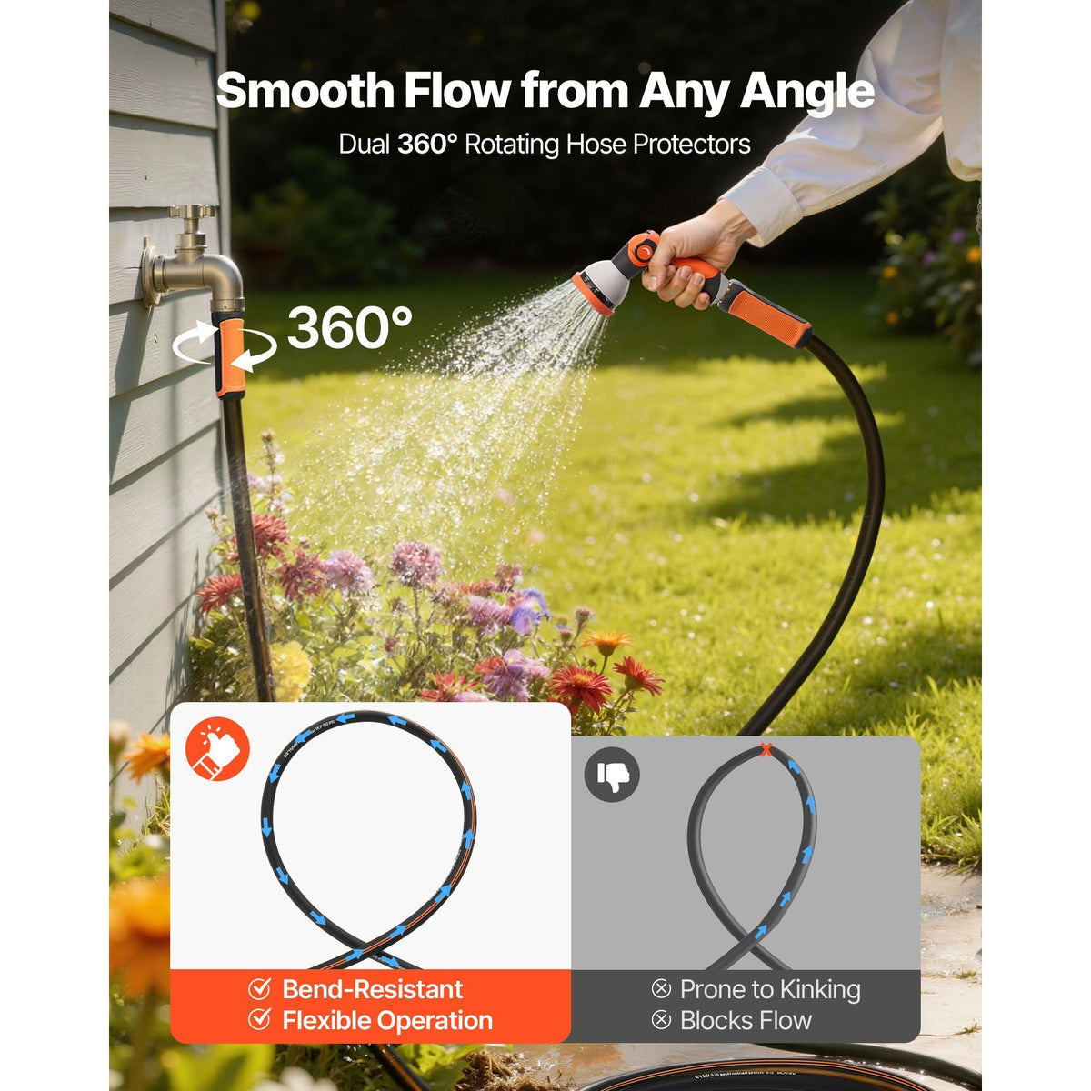 Garden Hose, 150 ft 5/8" Heavy Duty Rubber Water Hose with 10 Mode Nozzle, 150PSI Working & 600PSI Burst, Flexible & Non-kink Outdoor Waterhose with 3/4" Fitting, Lightweight Hoses for Gardening