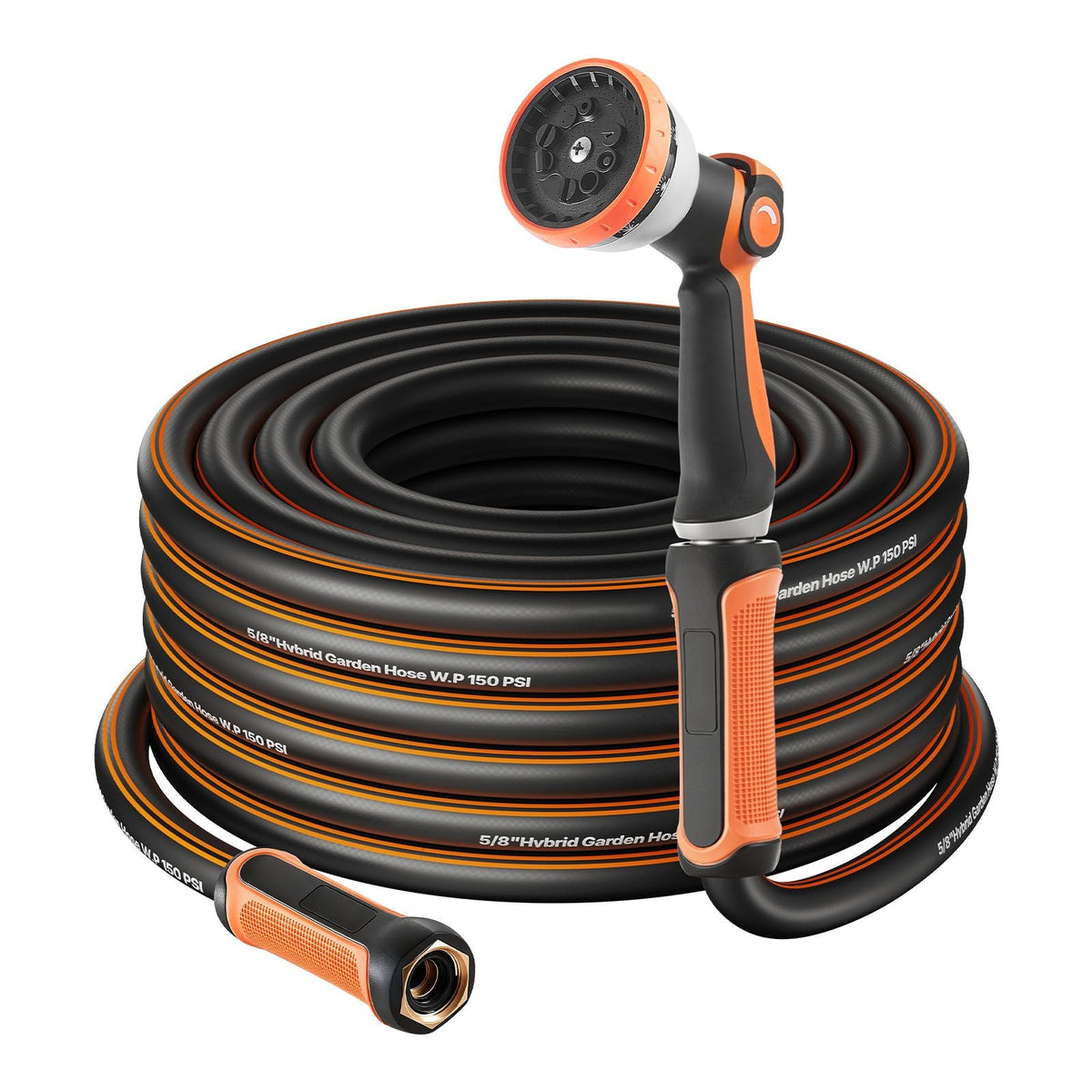 Garden Hose, 150 ft 5/8" Heavy Duty Rubber Water Hose with 10 Mode Nozzle, 150PSI Working & 600PSI Burst, Flexible & Non-kink Outdoor Waterhose with 3/4" Fitting, Lightweight Hoses for Gardening