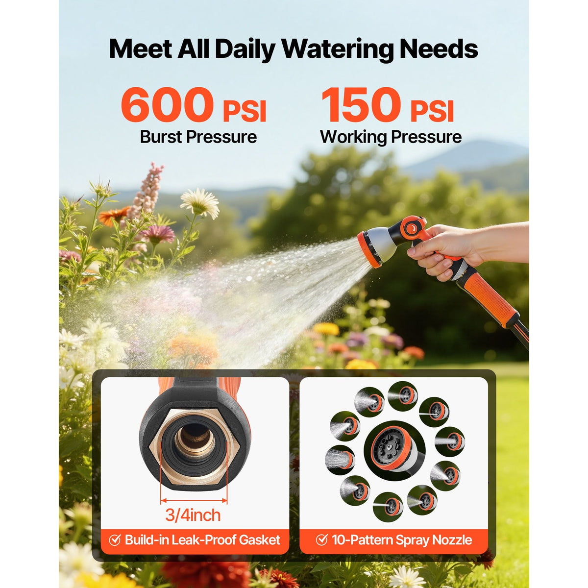 Garden Hose, 150 ft 5/8" Heavy Duty Rubber Water Hose with 10 Mode Nozzle, 150PSI Working & 600PSI Burst, Flexible & Non-kink Outdoor Waterhose with 3/4" Fitting, Lightweight Hoses for Gardening