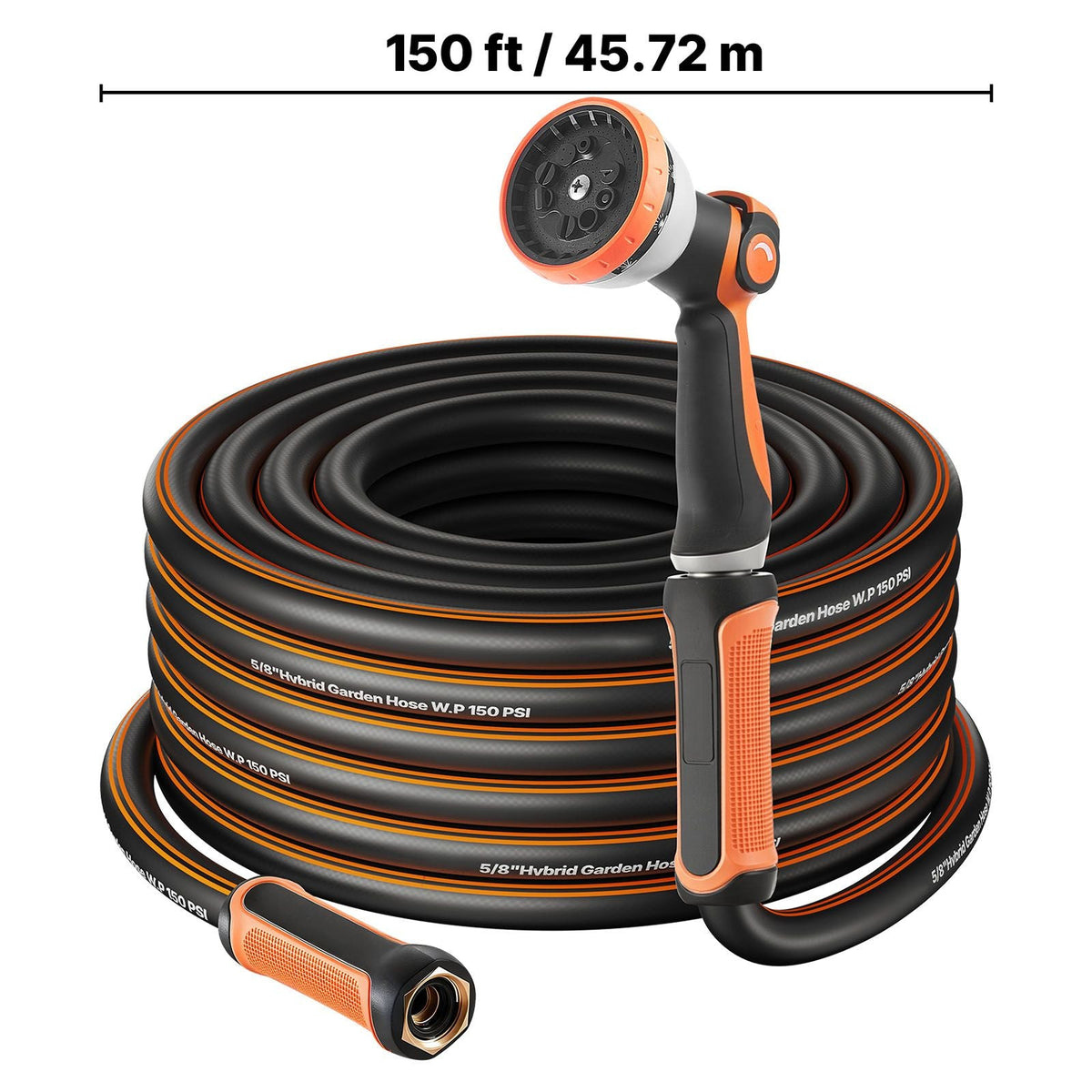 Garden Hose, 150 ft 5/8" Heavy Duty Rubber Water Hose with 10 Mode Nozzle, 150PSI Working & 600PSI Burst, Flexible & Non-kink Outdoor Waterhose with 3/4" Fitting, Lightweight Hoses for Gardening