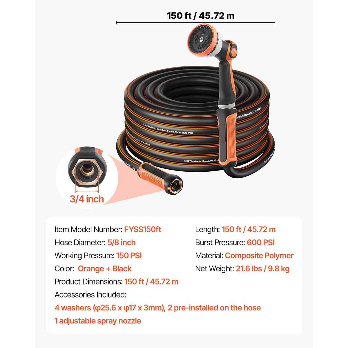 Garden Hose, 150 ft 5/8" Heavy Duty Rubber Water Hose with 10 Mode Nozzle, 150PSI Working & 600PSI Burst, Flexible & Non-kink Outdoor Waterhose with 3/4" Fitting, Lightweight Hoses for Gardening