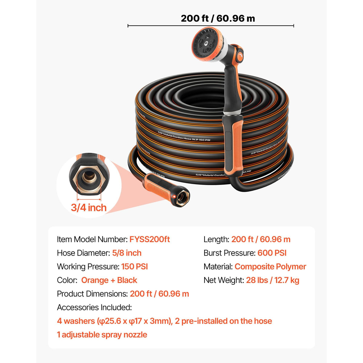Garden Hose, 200 ft 5/8" Heavy Duty Rubber Water Hose with 10 Mode Nozzle, 150PSI Working & 600PSI Burst, Flexible & Non-kink Outdoor Waterhose with 3/4" Fitting, Lightweight Hoses for Gardening