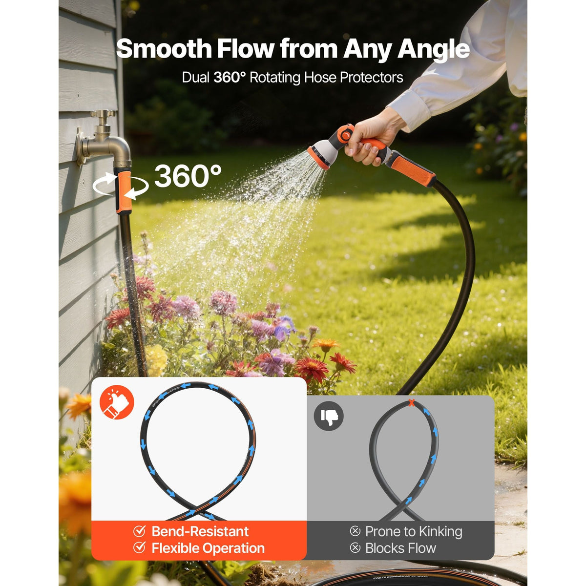Garden Hose, 200 ft 5/8" Heavy Duty Rubber Water Hose with 10 Mode Nozzle, 150PSI Working & 600PSI Burst, Flexible & Non-kink Outdoor Waterhose with 3/4" Fitting, Lightweight Hoses for Gardening