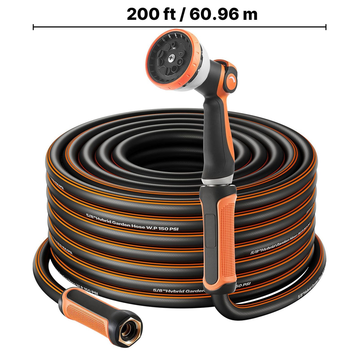 Garden Hose, 200 ft 5/8" Heavy Duty Rubber Water Hose with 10 Mode Nozzle, 150PSI Working & 600PSI Burst, Flexible & Non-kink Outdoor Waterhose with 3/4" Fitting, Lightweight Hoses for Gardening