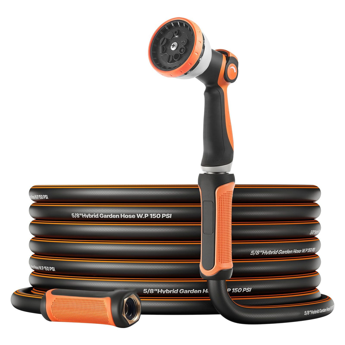 Garden Hose, 200 ft 5/8" Heavy Duty Rubber Water Hose with 10 Mode Nozzle, 150PSI Working & 600PSI Burst, Flexible & Non-kink Outdoor Waterhose with 3/4" Fitting, Lightweight Hoses for Gardening