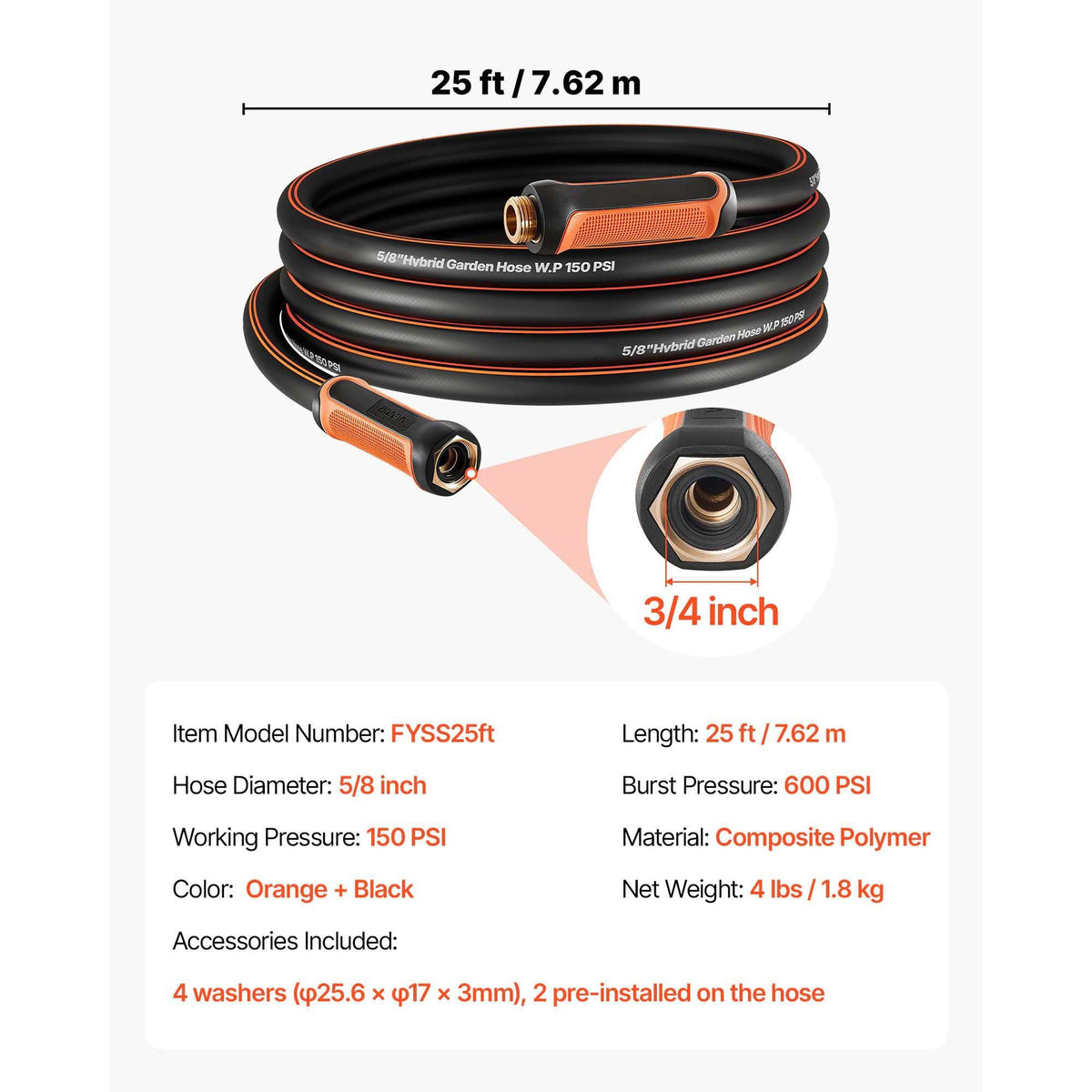 Garden Hose, 25 ft 5/8" Heavy Duty 4-Layer Rubber Water Hose, 150PSI Working & 600PSI Burst, Flexible & Non-kink Outdoor Waterhose with 3/4" Fitting, Lightweight Hoses for Gardening Cleaning