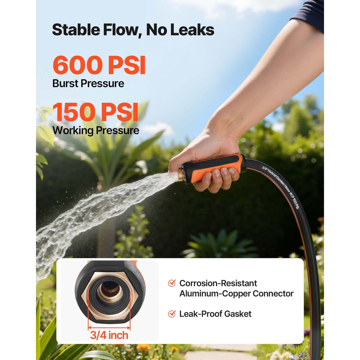 Garden Hose, 25 ft 5/8" Heavy Duty 4-Layer Rubber Water Hose, 150PSI Working & 600PSI Burst, Flexible & Non-kink Outdoor Waterhose with 3/4" Fitting, Lightweight Hoses for Gardening Cleaning